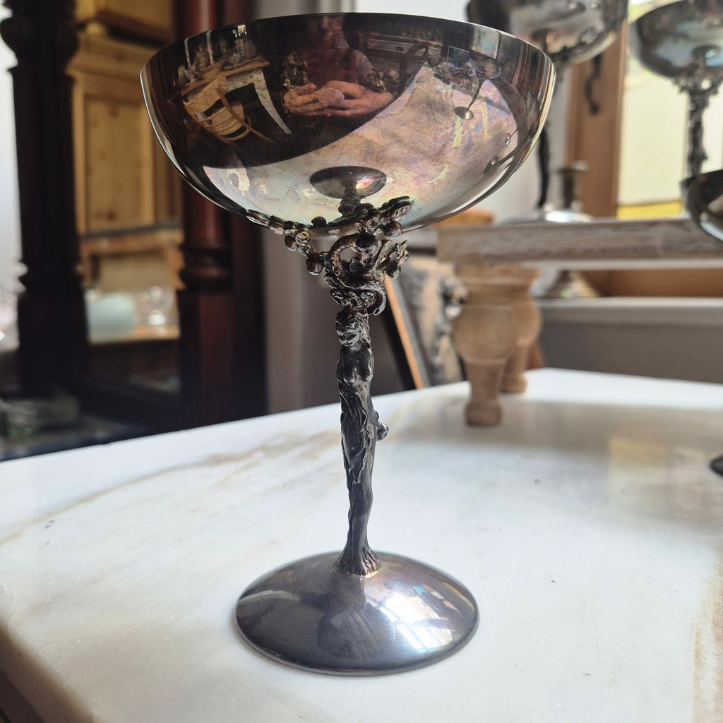 6x Dekorative Jugendstil Champagner Metallkelche versilbert - zum aufpolieren! "Eva mit Apfelbaum"