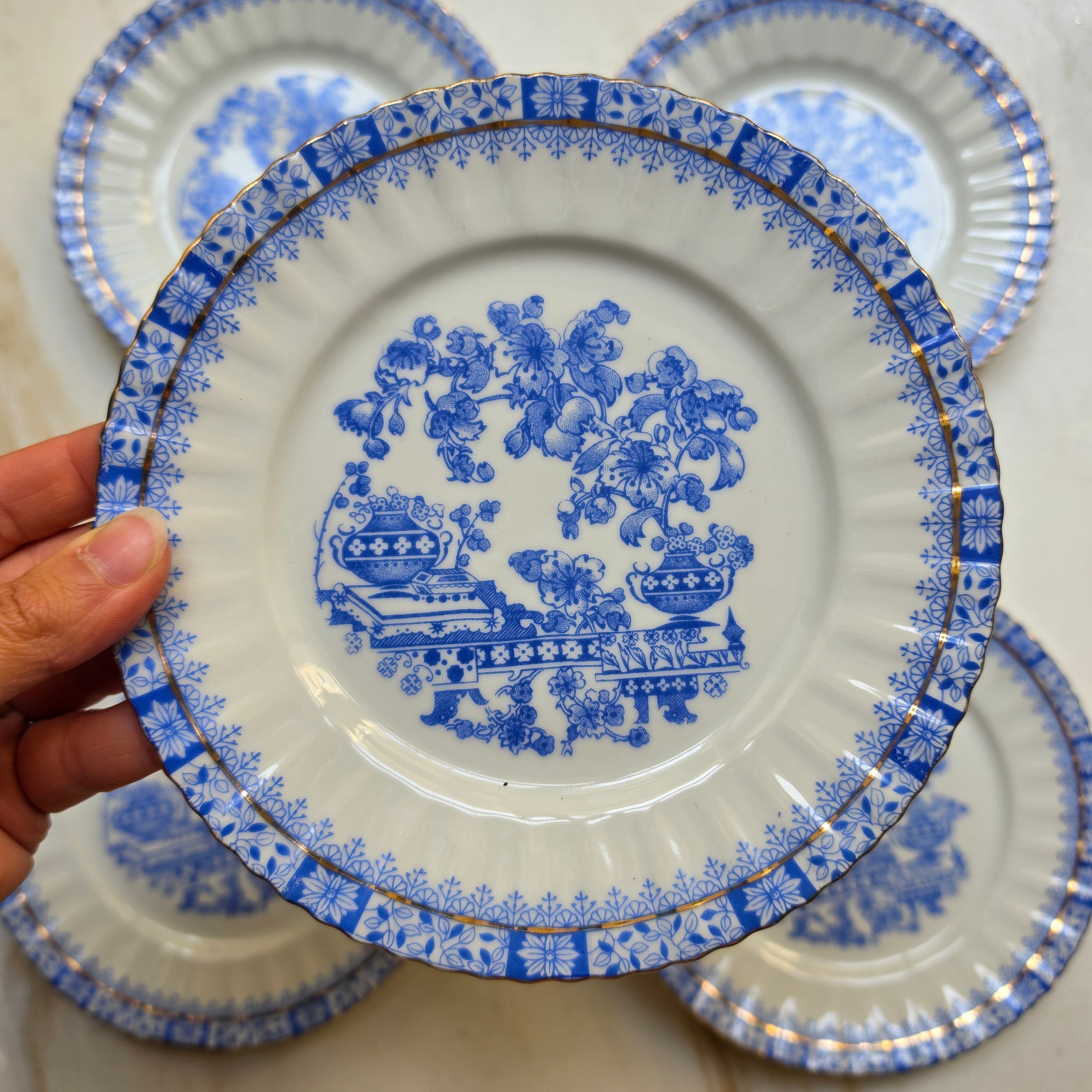 5x Antike Kuchenteller Echt Tuppack China Blau Tiefenfurt Blau Weiß & Rosslau