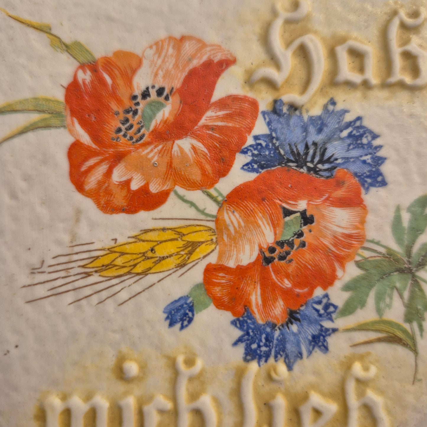 Antikes kleines Kachelbild handgemalt mit Spruch "Hab mich lieb" Mohnblume