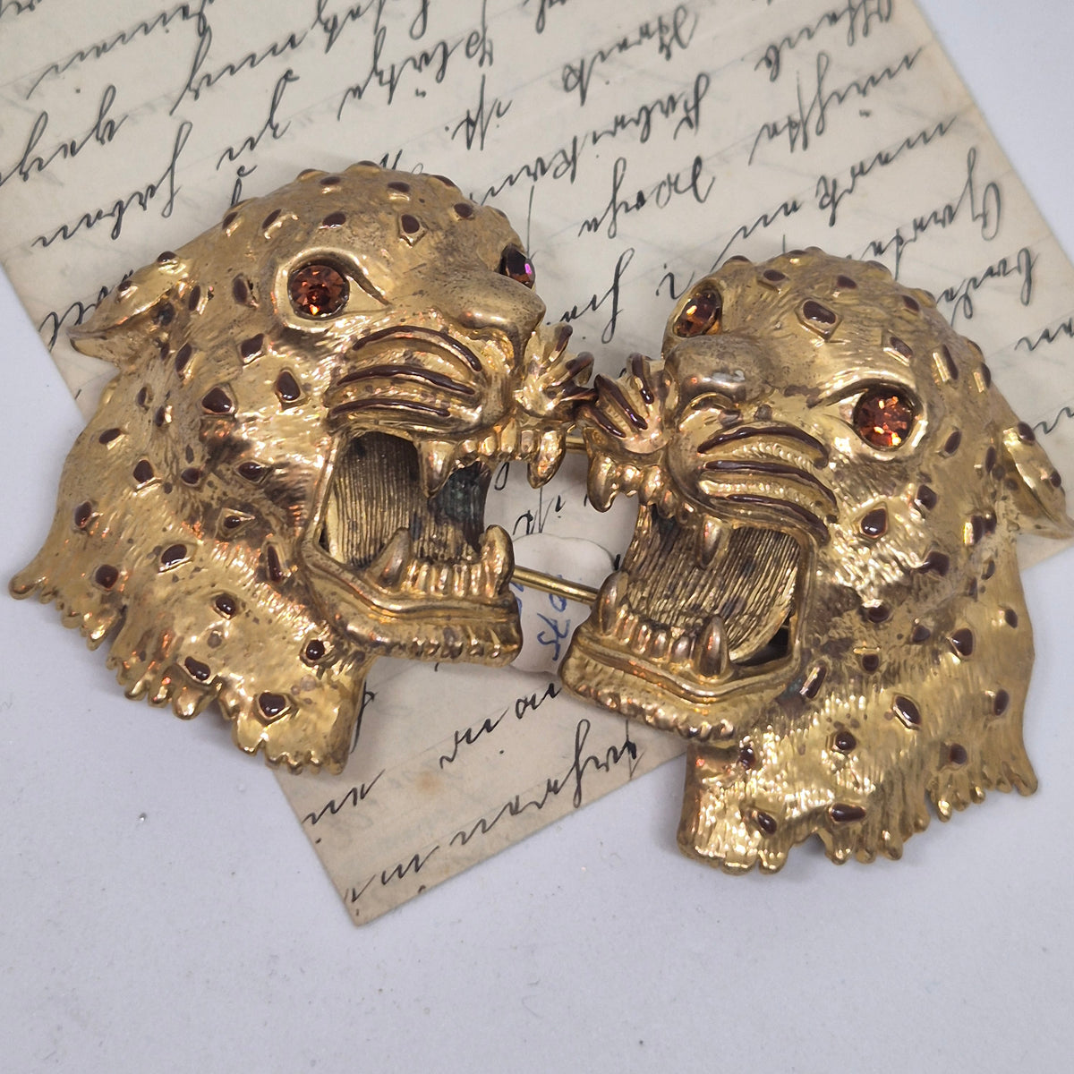 Große Vintage Gürtelschnalle 2-Teilig Trachtenschnalle Taillengürtel aus den 80ern-Handmade aus Berlin gold braun Gepard Leoparden Kopf