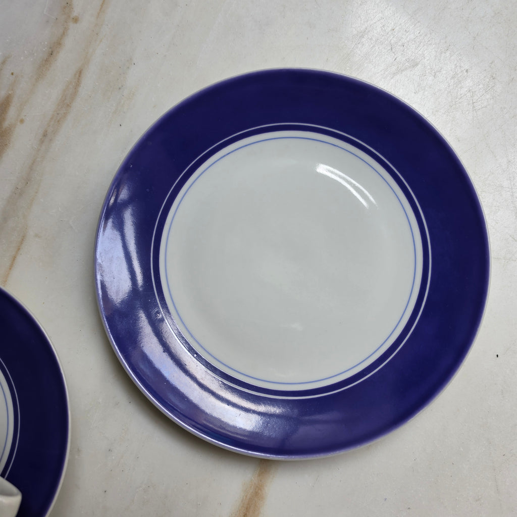 Vintage Porzellan Sammelgedeck 3-teilig – Kobaltblau & Weiß – Mid-Century Design