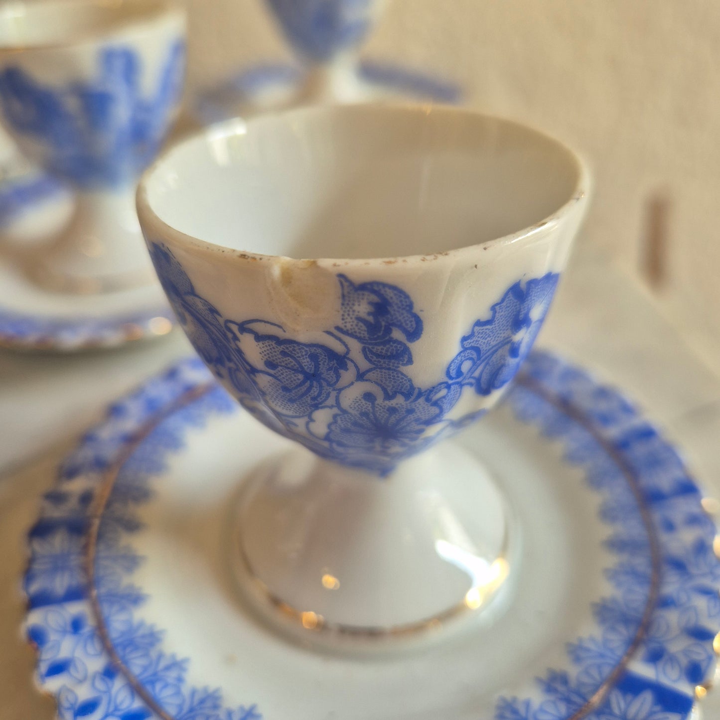 7x Antike Porzellan Eierbecher echt Tuppack China Blau Tiefenfurt Blau Weiß (3x mit Abplatzer)