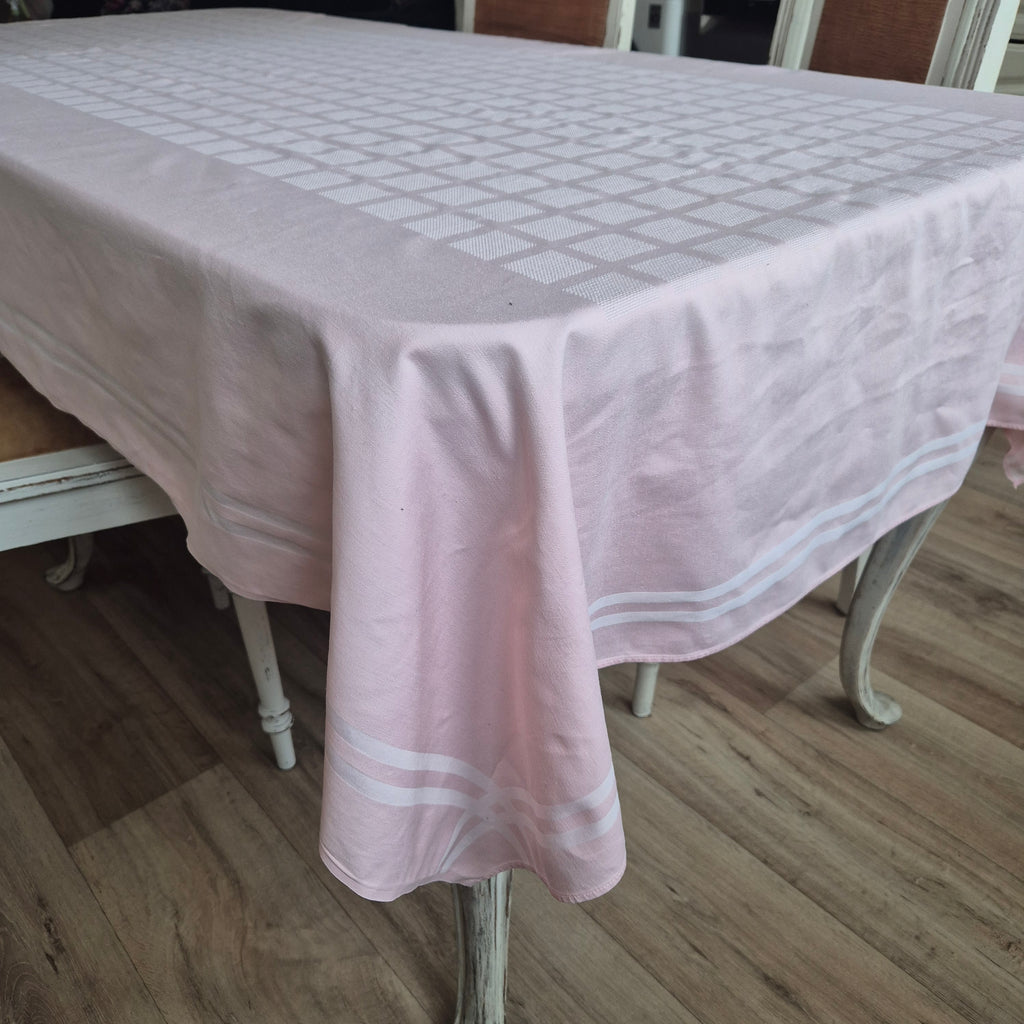Vintage IRISETTE Tischdecke 132x220cm Perlrosa und Damast Webart Baumwolle