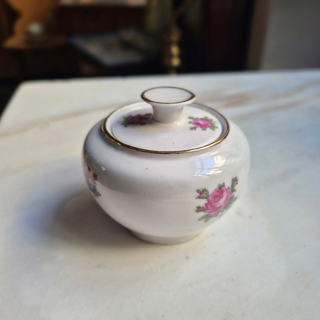 Vintage DDR Zuckerdose mit Rosendekor Kästner Saxonia Porzellan weiß rosa
