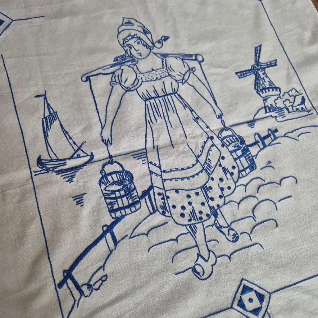 Vintage Überhandtuch blau weiß Mühlen Holland Handmade 60x134cm