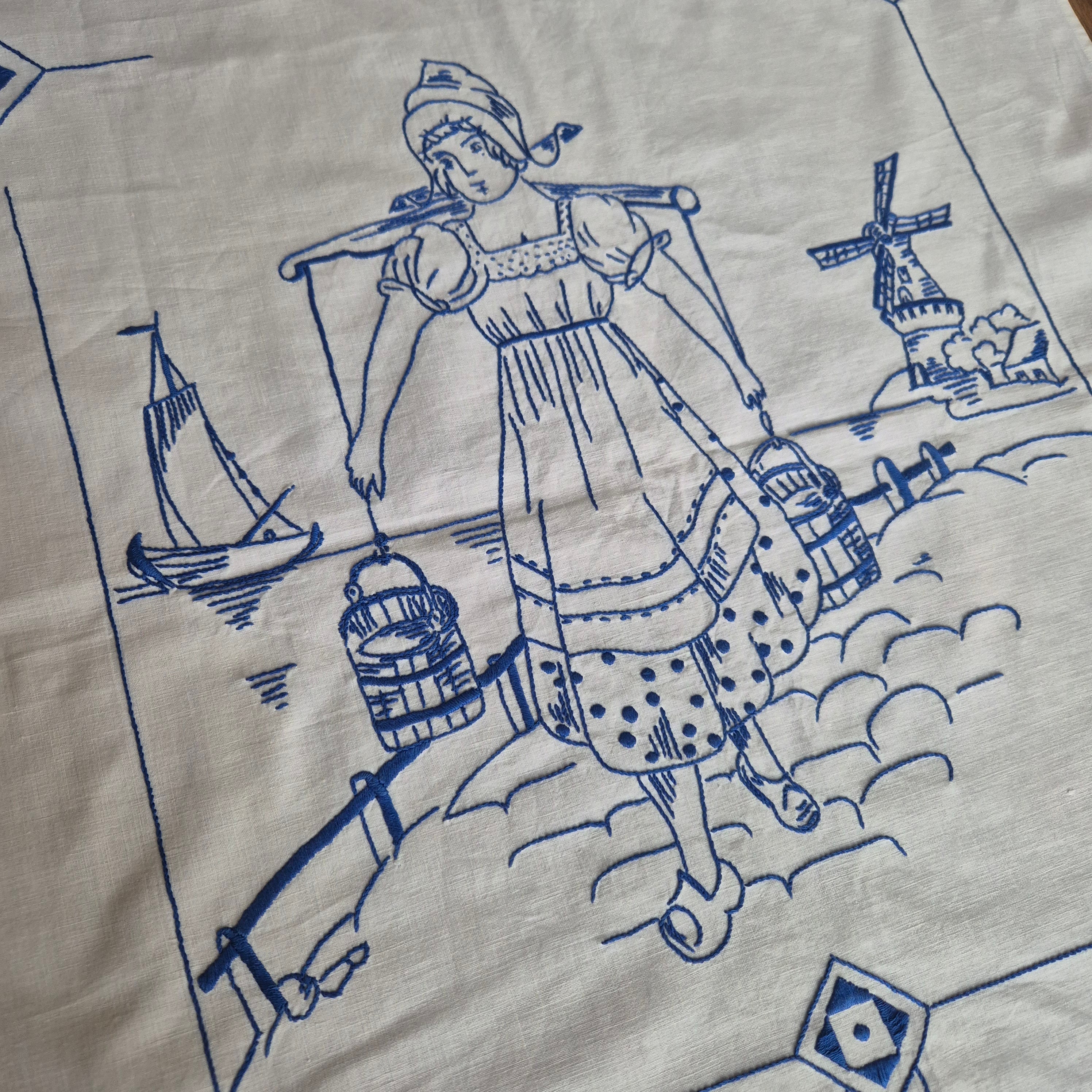 Vintage Überhandtuch blau weiß Mühlen Holland Handmade 60x134cm