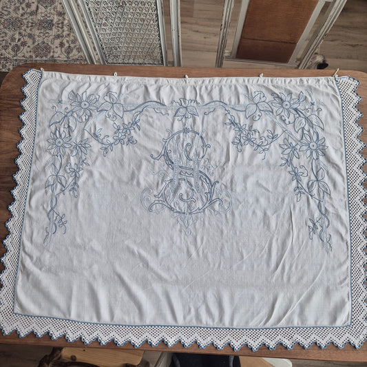 Antikes Überhandtuch Gardine blau weiß handmade 80x109cm Mini Stockflecken und Monogram M.S.