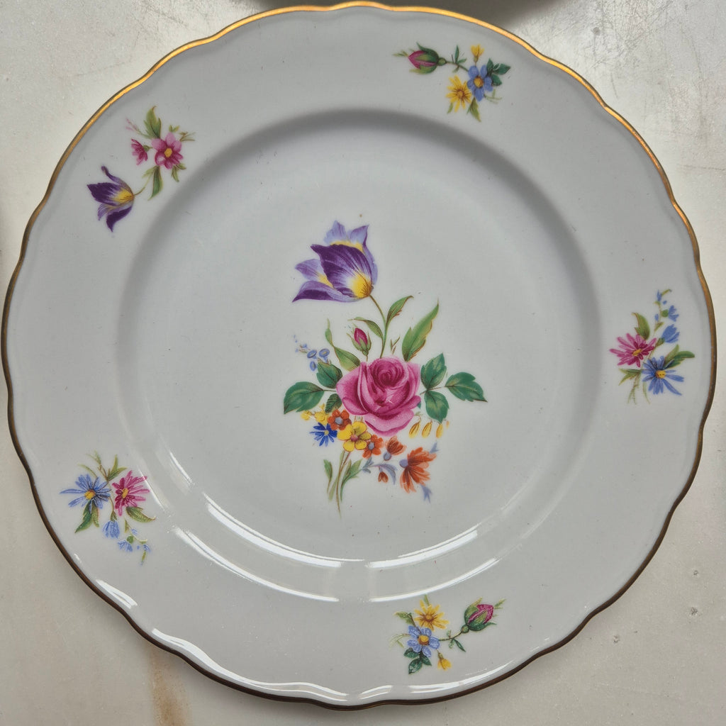 9x Antike Bavaria Porzellan Kuchenteller mit Blumenmotiv Goldrand