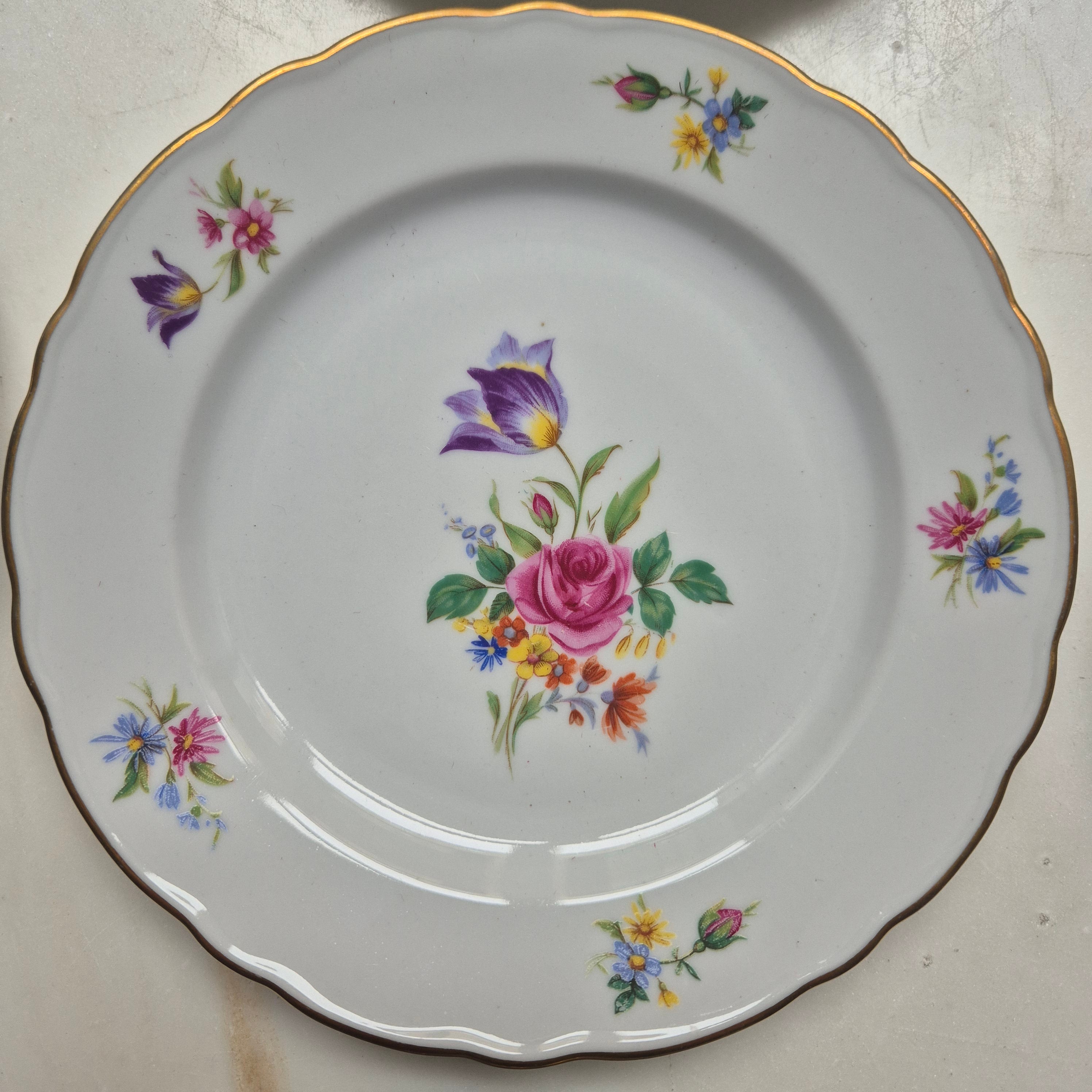 9x Antike Bavaria Porzellan Kuchenteller mit Blumenmotiv Goldrand