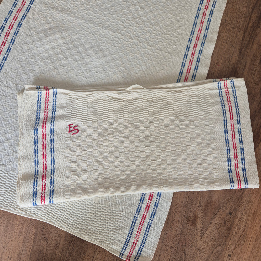 2x Antike Leinen Küchen-& Geschirrtücher Monogramm E.S. 45x90cm