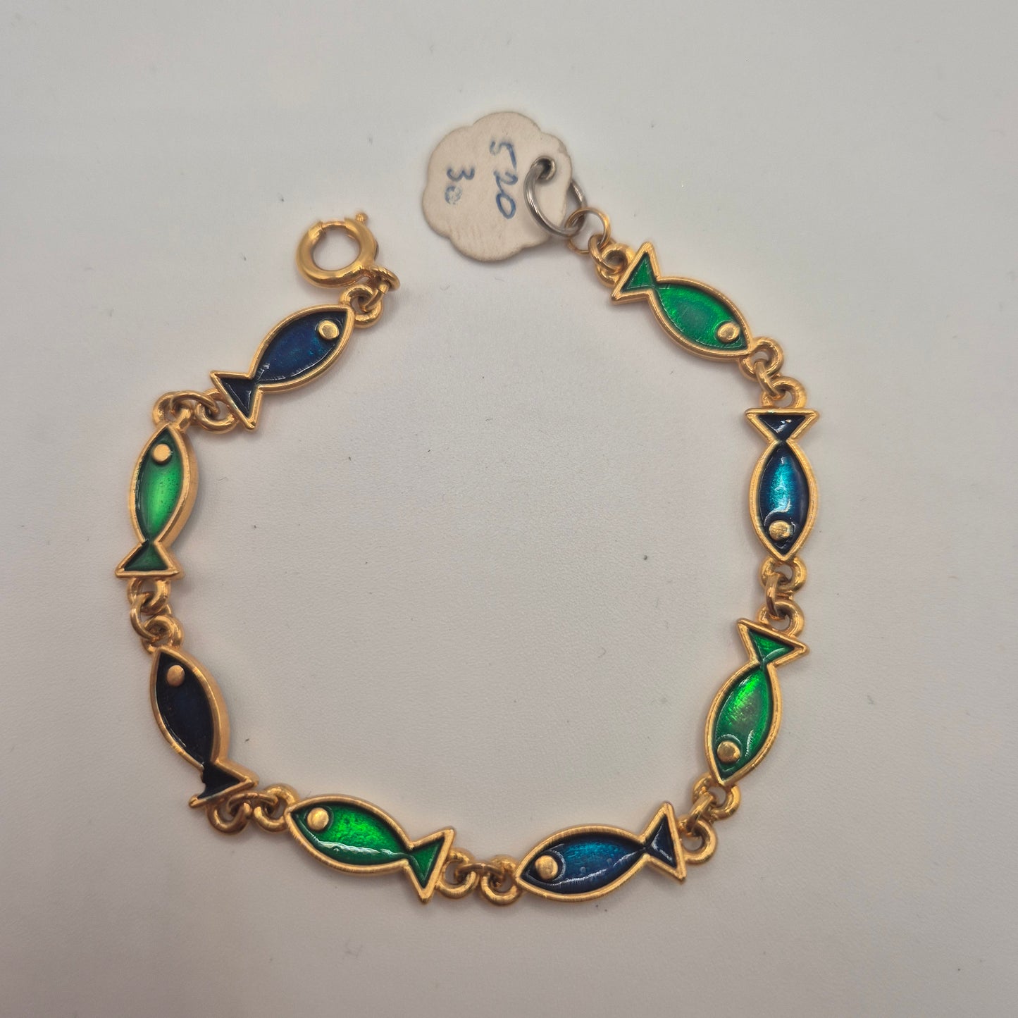 Goldenes Vintage Armband mit grünen blauen Emaille-Fischen 70er Jahre