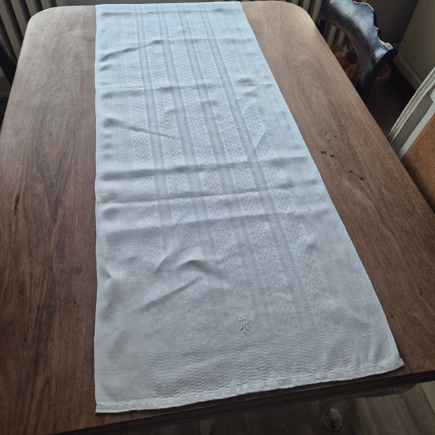 Antikes Jugendstil Küchen- & Geschirrtuch weiß Leinen Baumwolle 44x148cm Monogramm D.N. ♡
