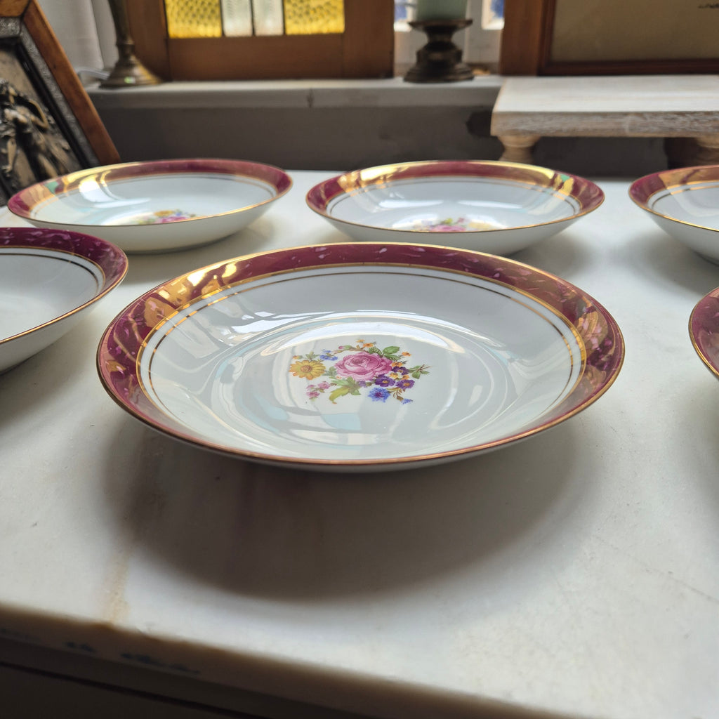 6x Antike tiefe Speiseteller Blumendekor weiß mit lila Goldrand