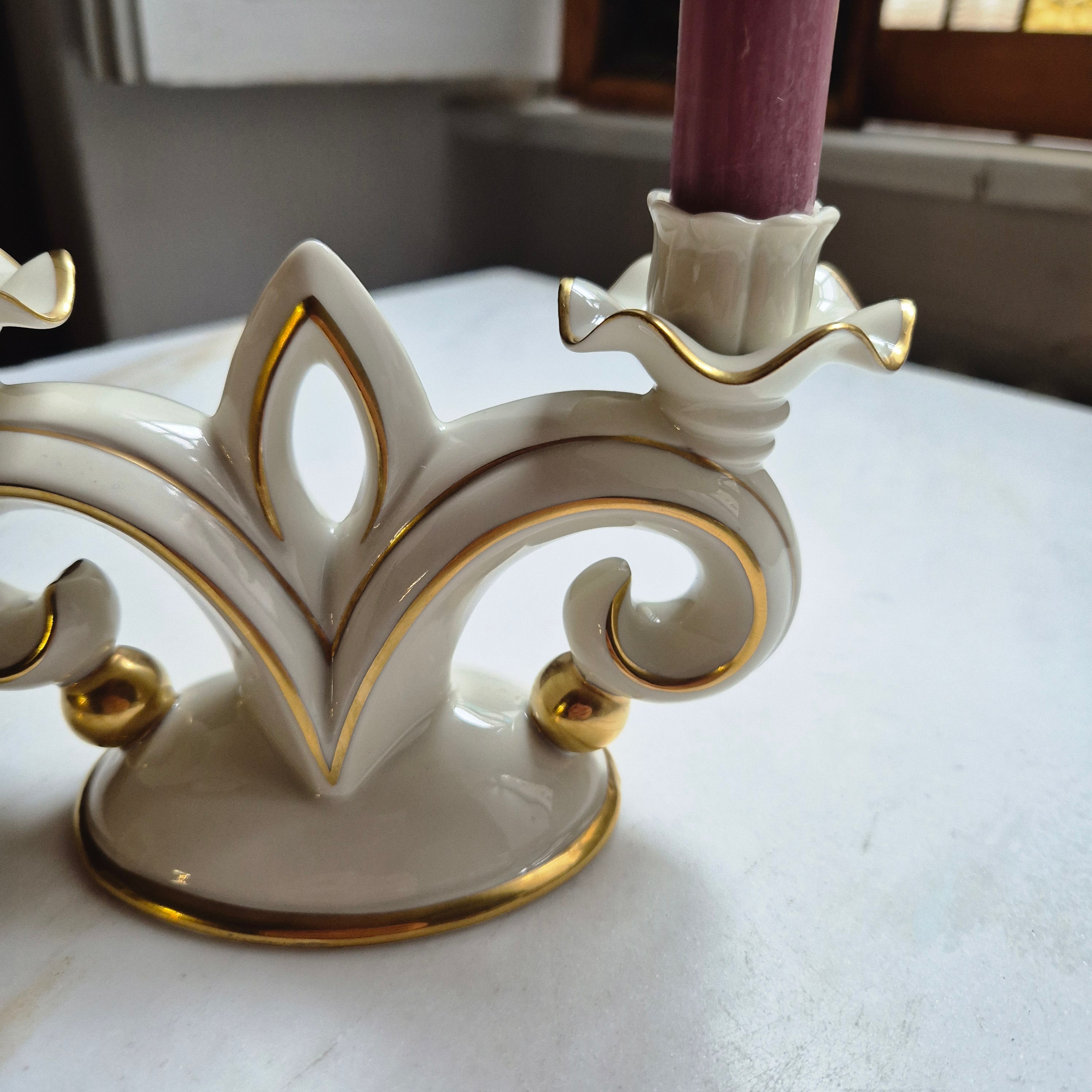2-armiger Kerzenhalter Porzellan von Gerold & Co.Tettau Bavaria elfenbeinfarbend - gold