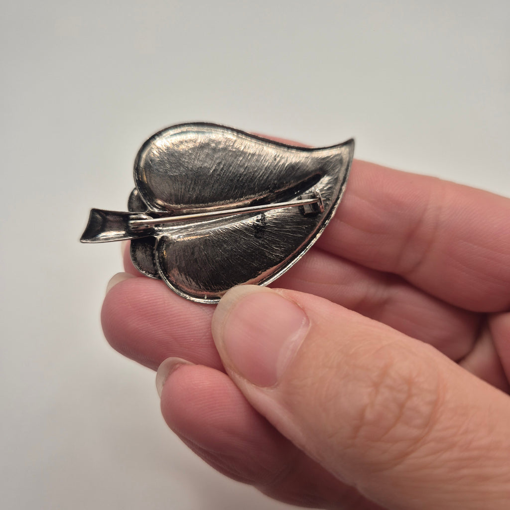 Vintage Brosche Blatt silber rot 70er Jahre