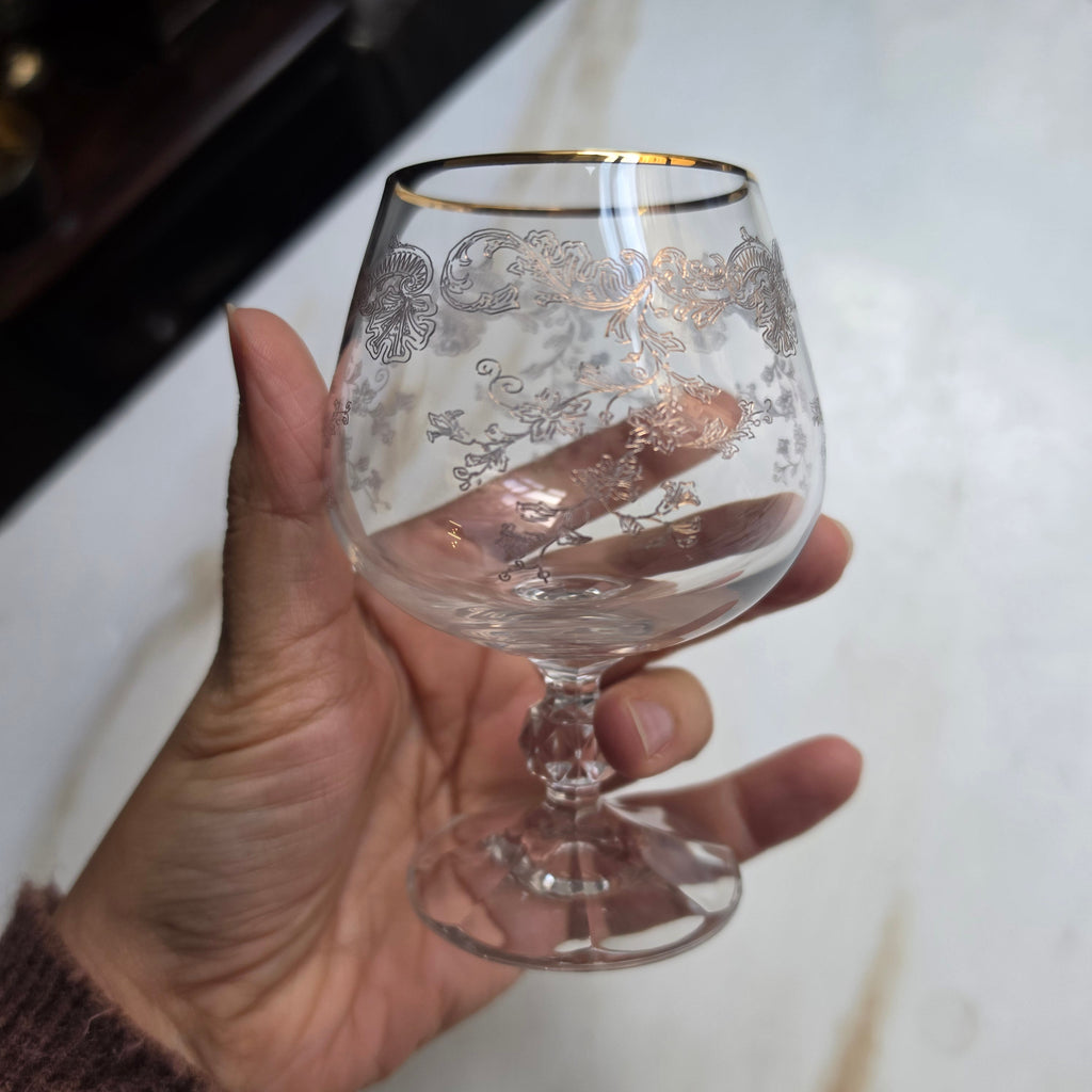Edles Vintage Cognac- & Likörglas mit Goldrand und Barock-Gravur
