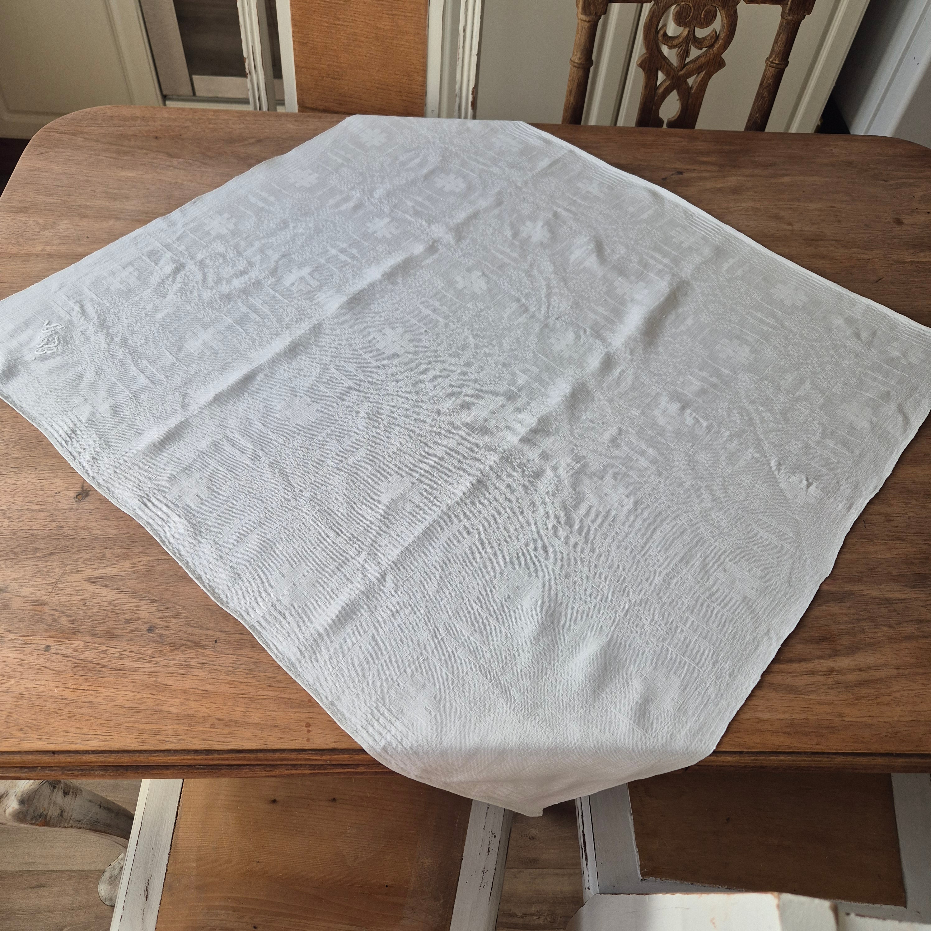 Antike Jugendstil Serviette Leinen Baumwolle Monogramm weiß 74x 79cm Monogram H.B.