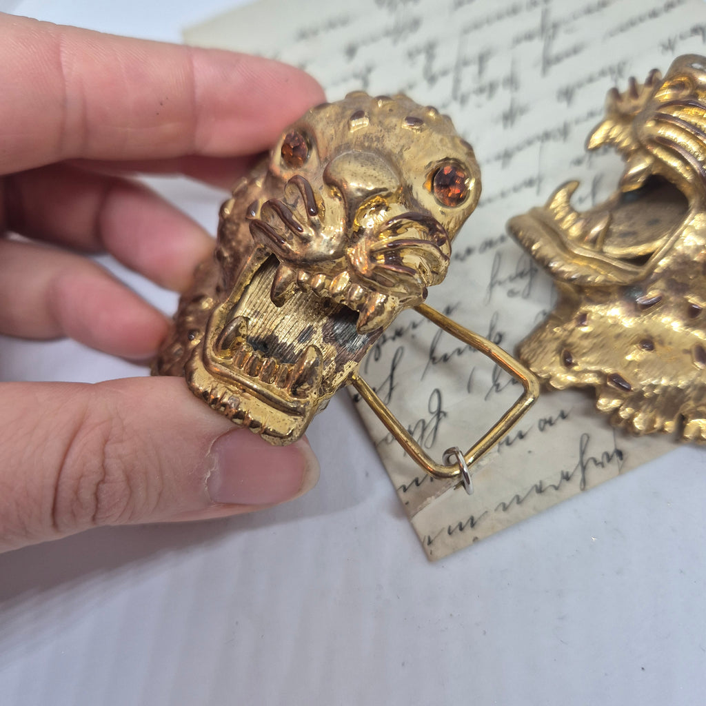 Große Vintage Gürtelschnalle 2-Teilig Trachtenschnalle Taillengürtel aus den 80ern-Handmade aus Berlin gold braun Gepard Leoparden Kopf