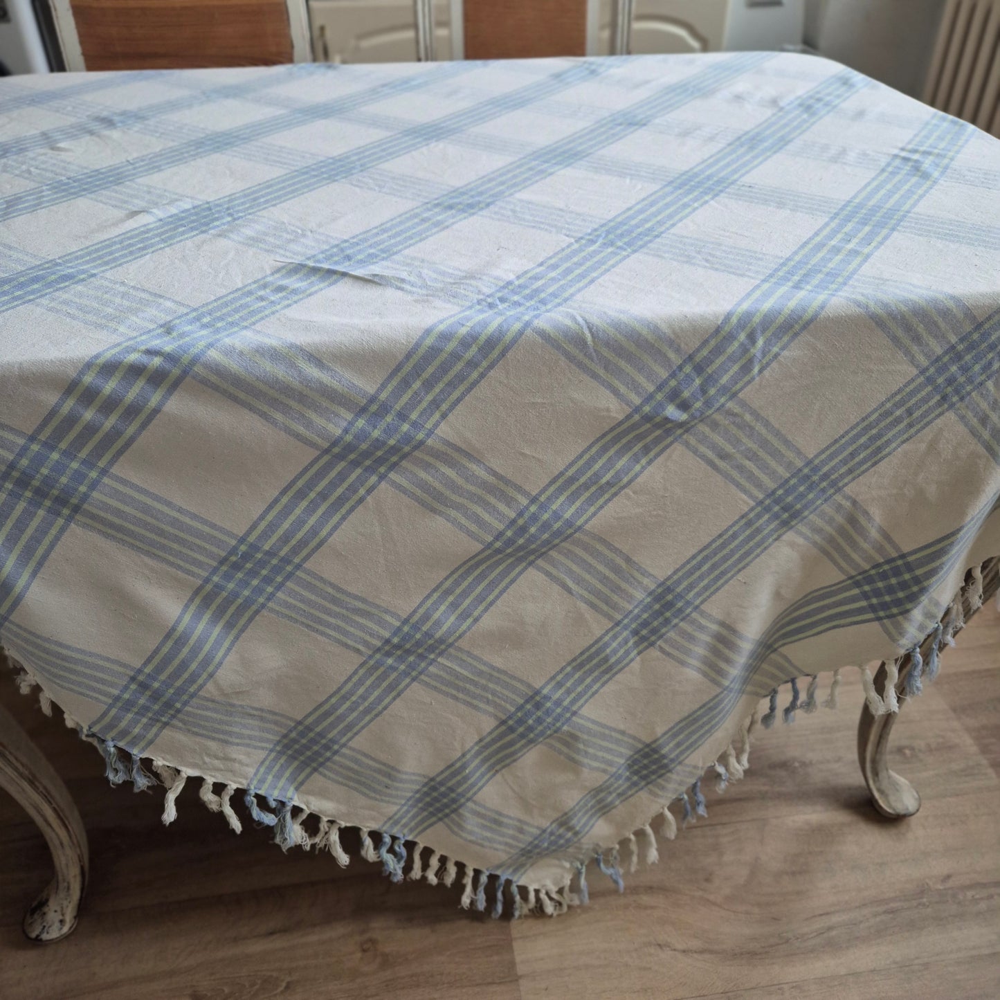 Vintage Karo Tischdecke grün blau Baumwolle 165x165cm