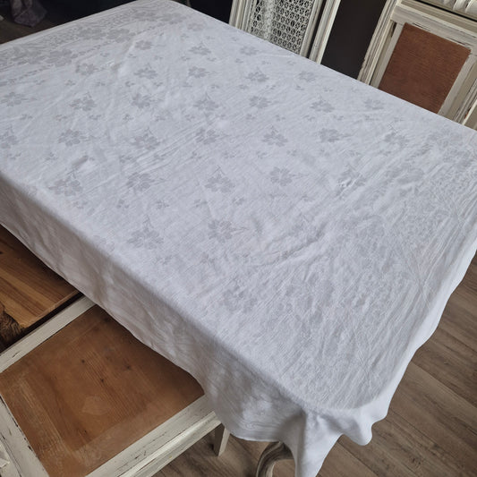 Vintage Tischdecke weiß 129x131cm Damast weiß Minimale Stockflecken