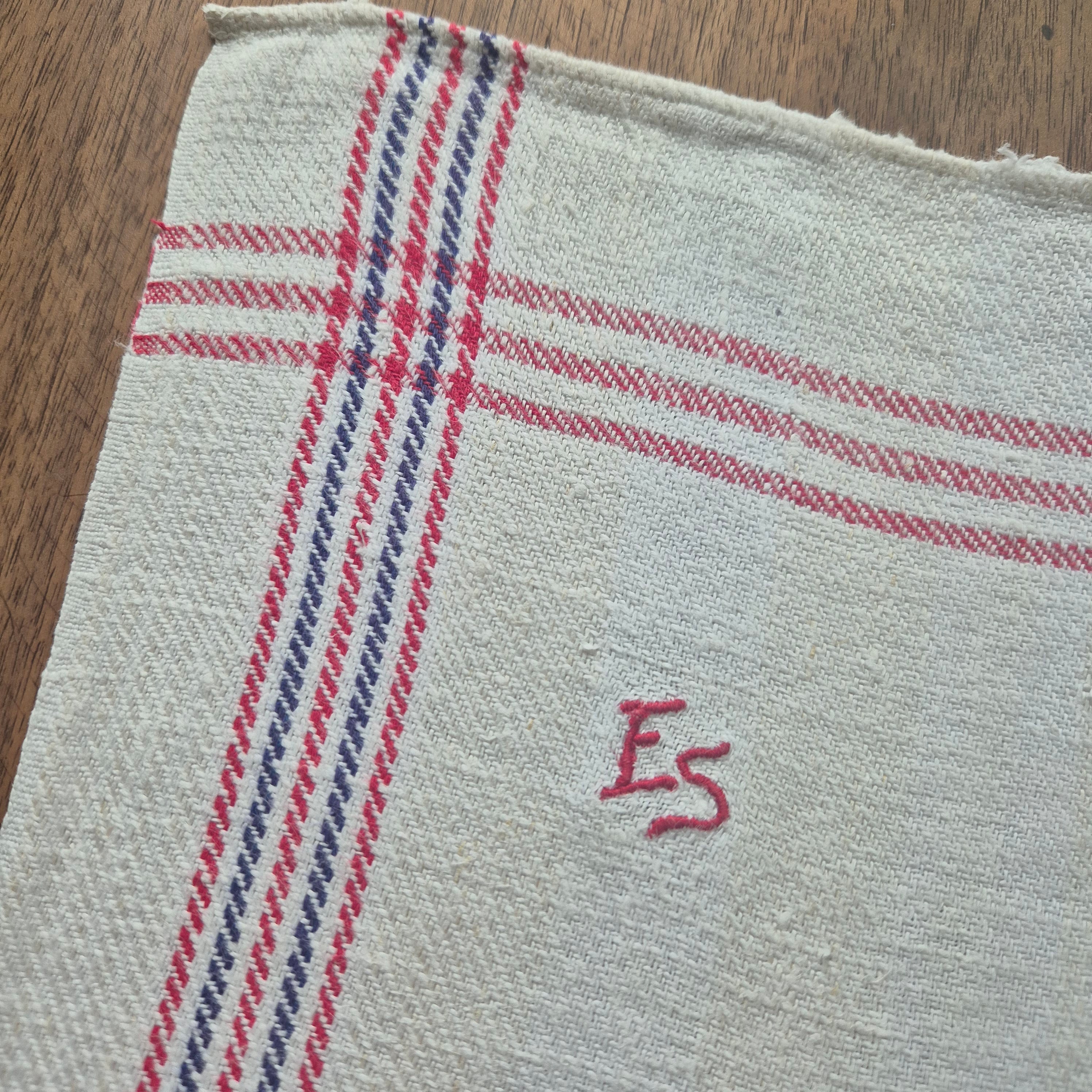 Antikes Leinen Geschirr-& Küchentuch Monogramm E.S. 90x45cm blau rot weiß