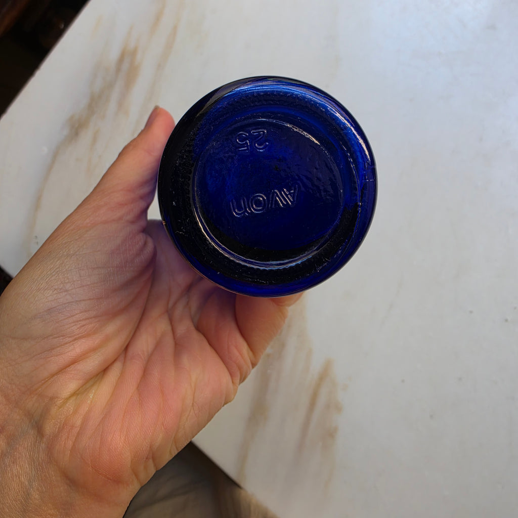 Blaue Glas Vase klein Pressglas gold