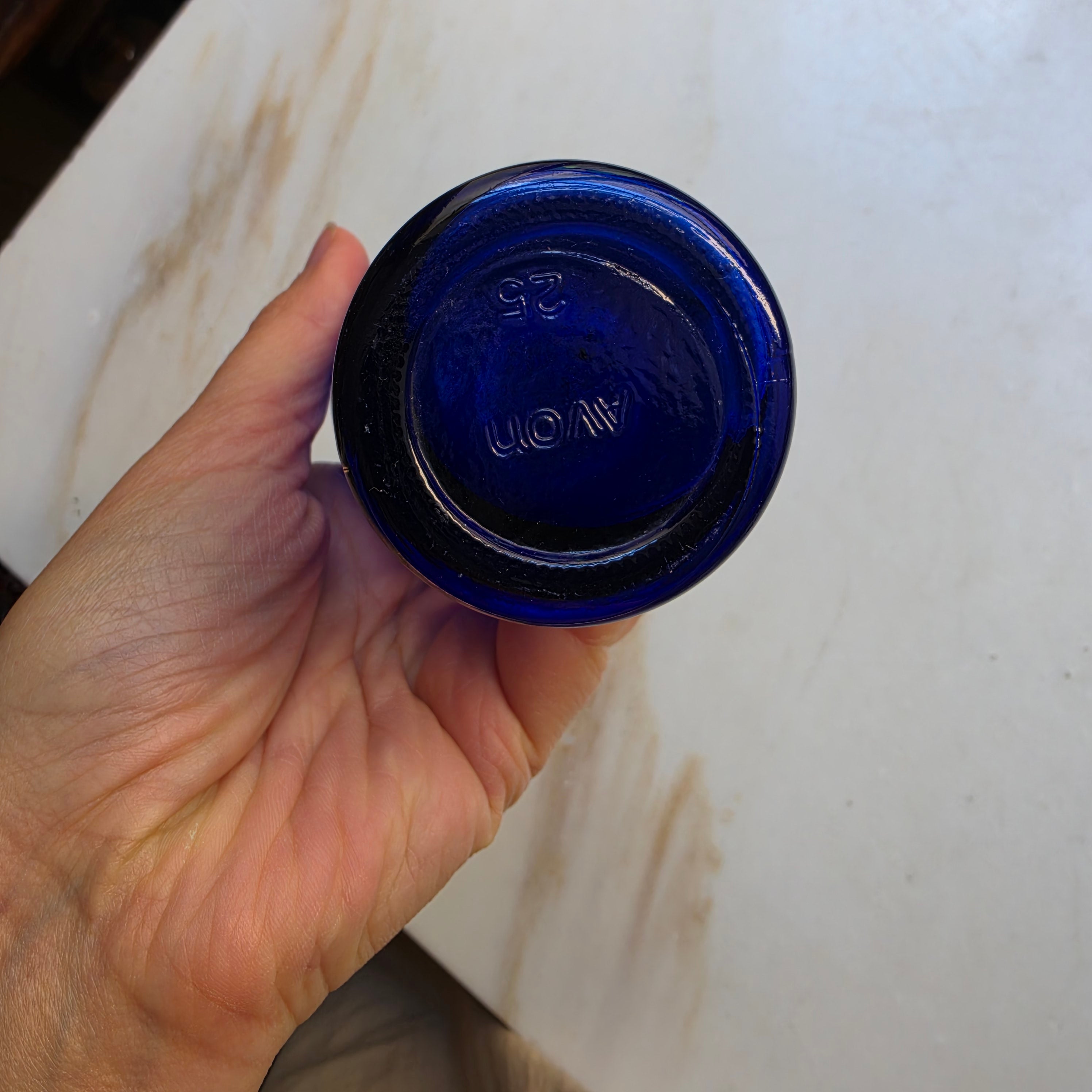 Blaue Glas Vase klein Pressglas gold