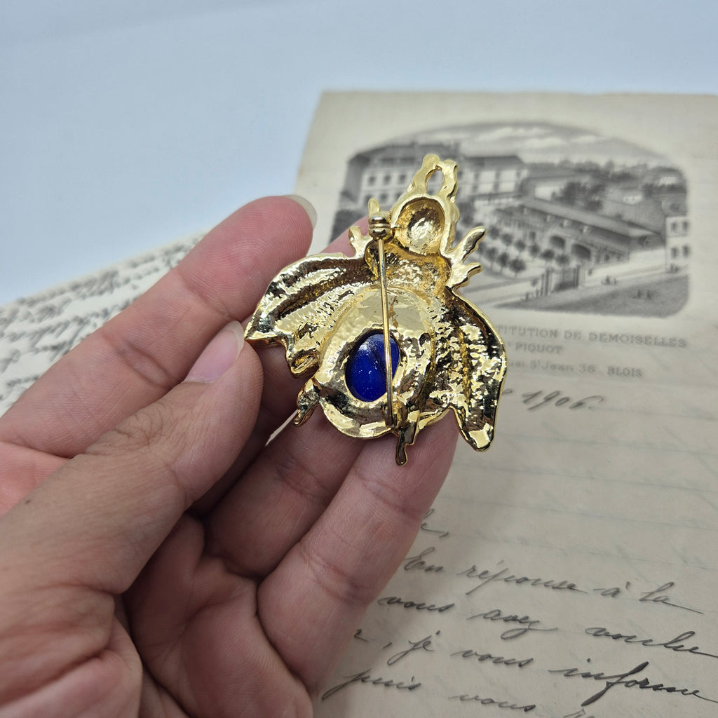 50er Jahre Vintage Brosche großer Käfer Biene Blau weiß Gold Strass 5cm
