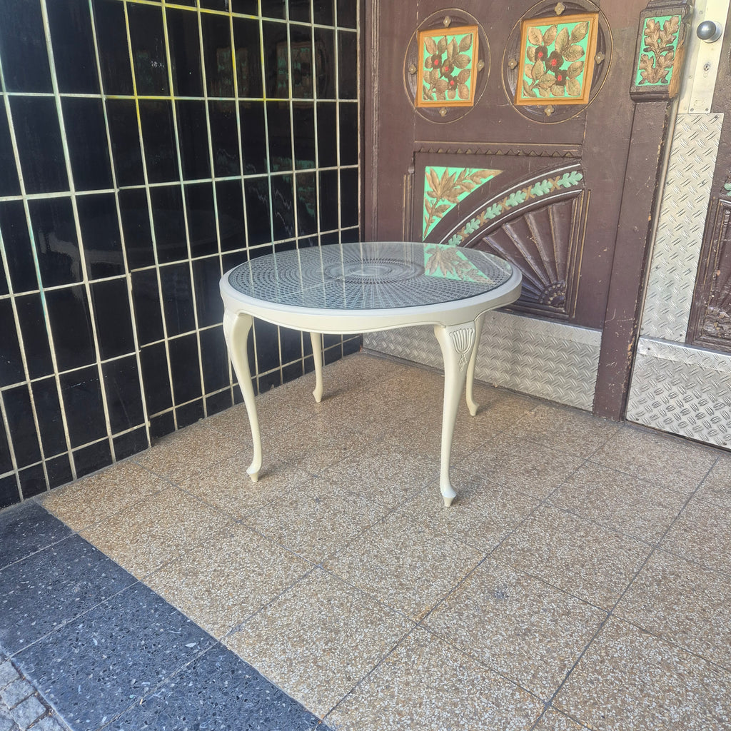 Vintage Chippendale Tisch rund mit Glasplatte - Beige - Wiener geflecht