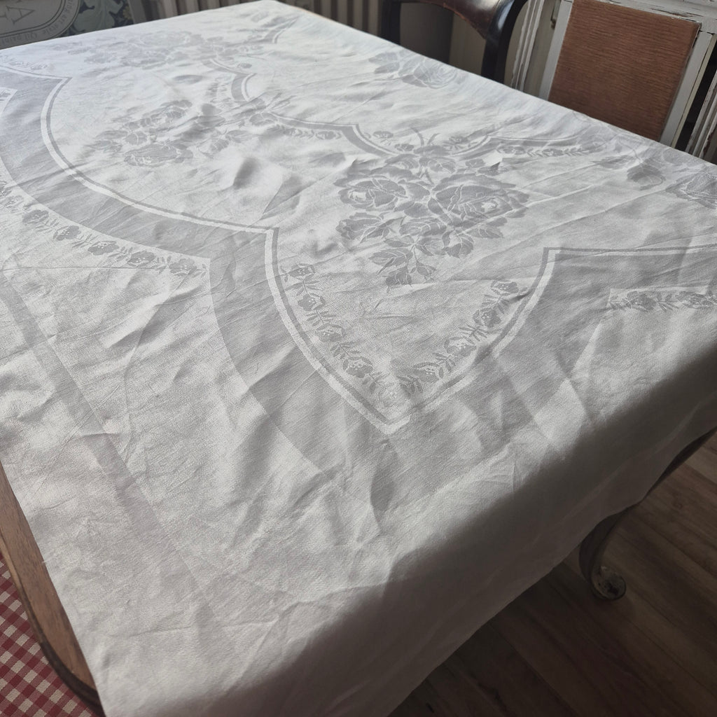 Antike Jugendstil Damast Baumwolle Tischdecke Weiß 160x160cm Rosenmuster