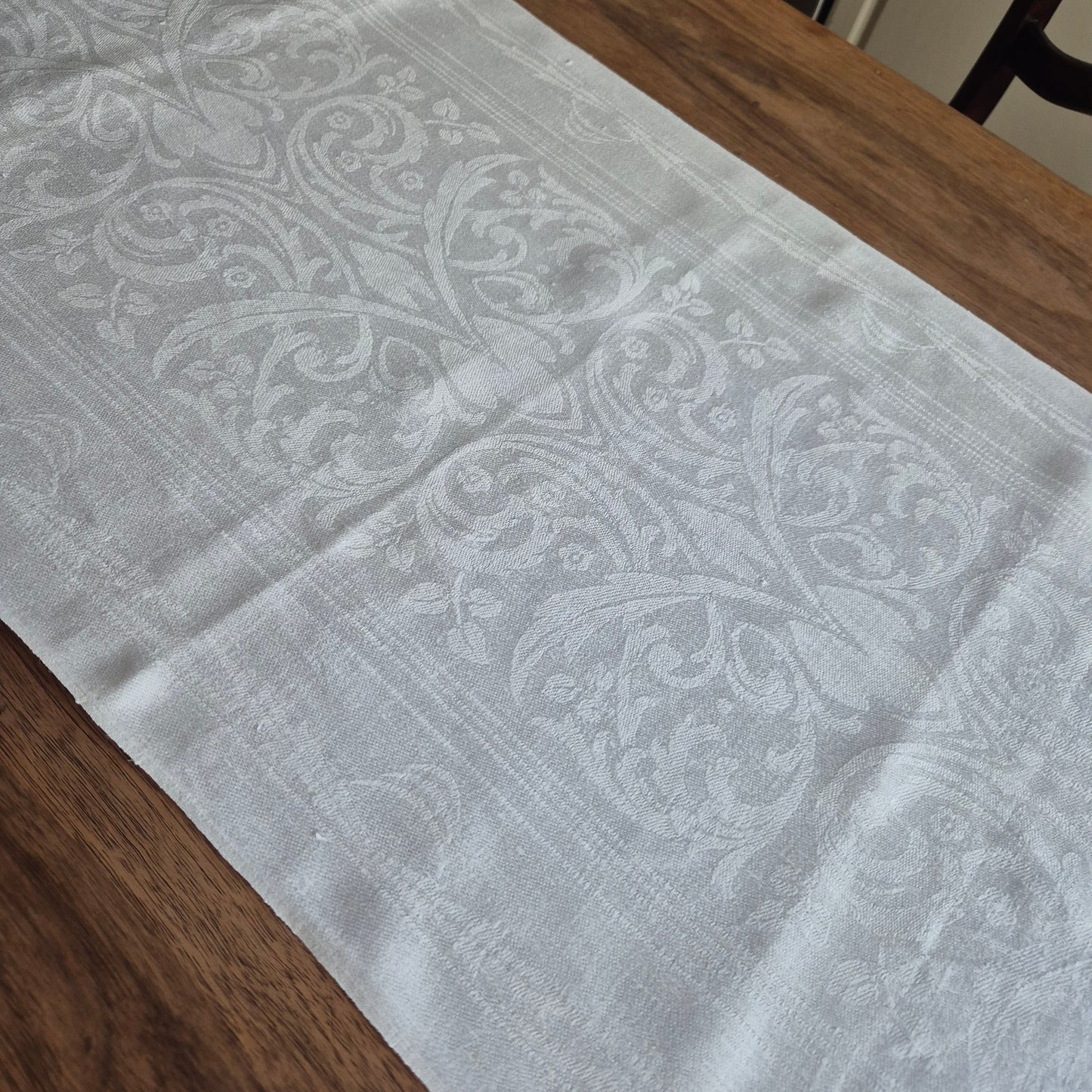 Antikes Jugendstil Küchen-&Geschirrtuch weiß Damast Baumwolle 108x47cm Ornamente