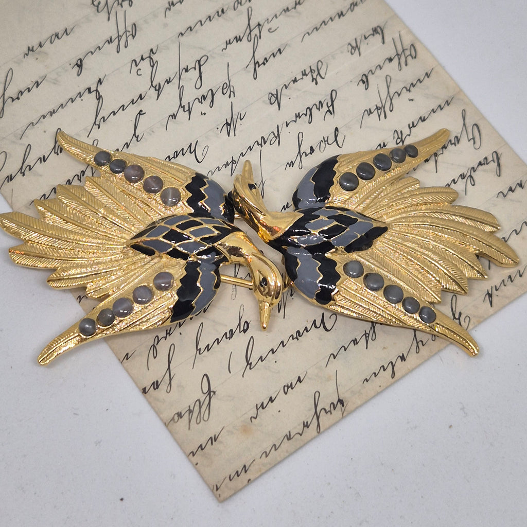 Vintage Gürtelschnalle 2-Teilig Trachtenschnalle Taillengürtel aus den 80ern-Handmade aus Berlin gold grau Schwan Kranich Vogel