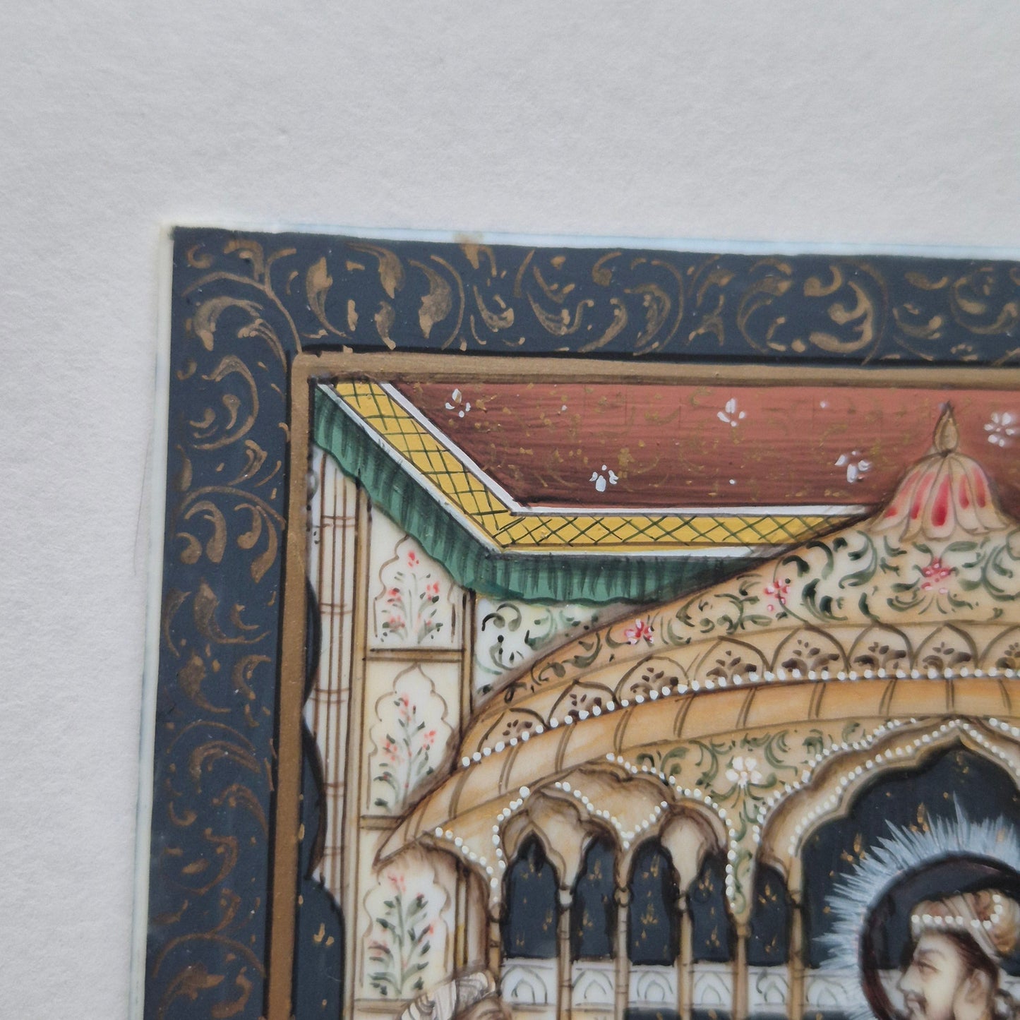 Antike Mogul Miniatur Gemälde Handarbeit König Shamjahan Taj Mahal Gericht Szene