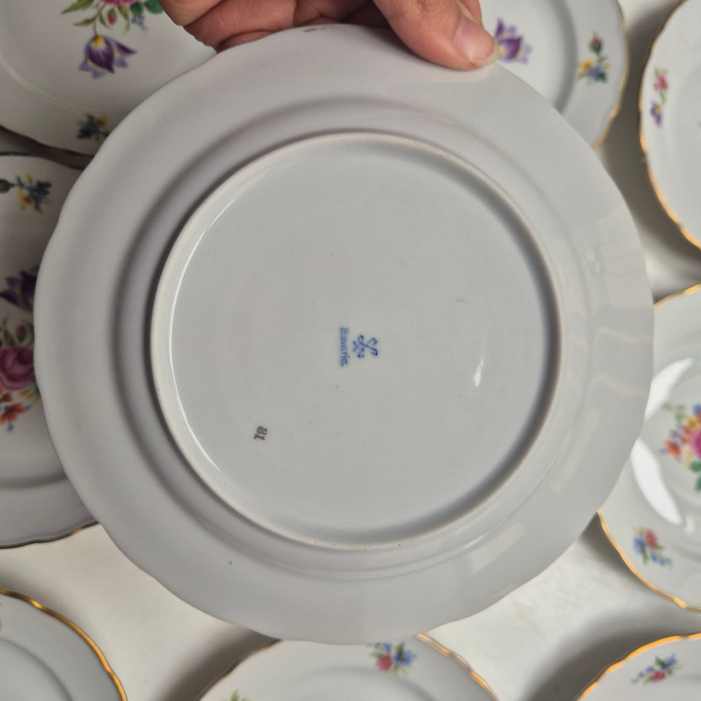 9x Antike Bavaria Porzellan Kuchenteller mit Blumenmotiv Goldrand