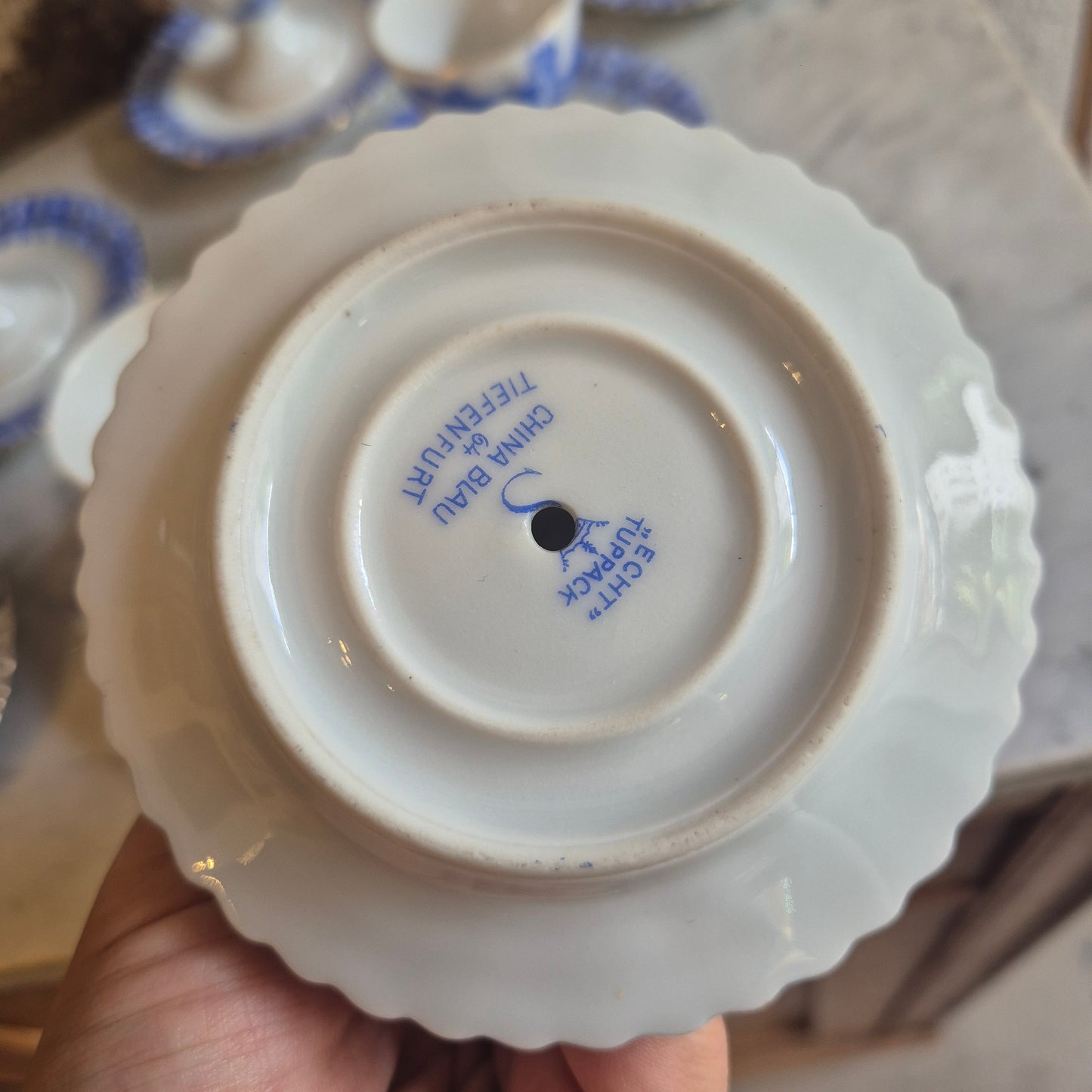 7x Antike Porzellan Eierbecher echt Tuppack China Blau Tiefenfurt Blau Weiß (3x mit Abplatzer)