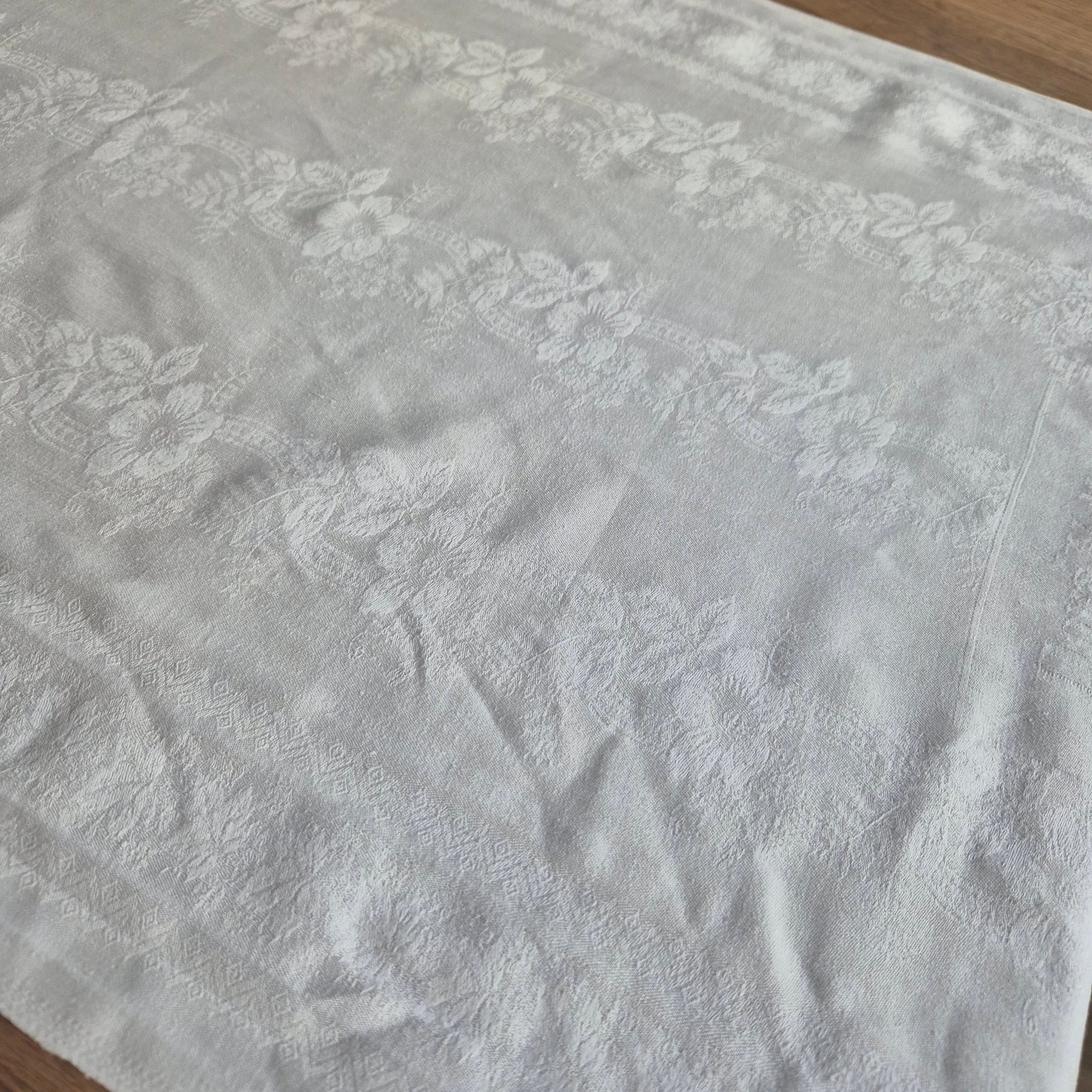 Antikes Baumwolle Damast Tischtuch - Läufer - Weiß - 57x166cm - Initialen "Dora Volker"
