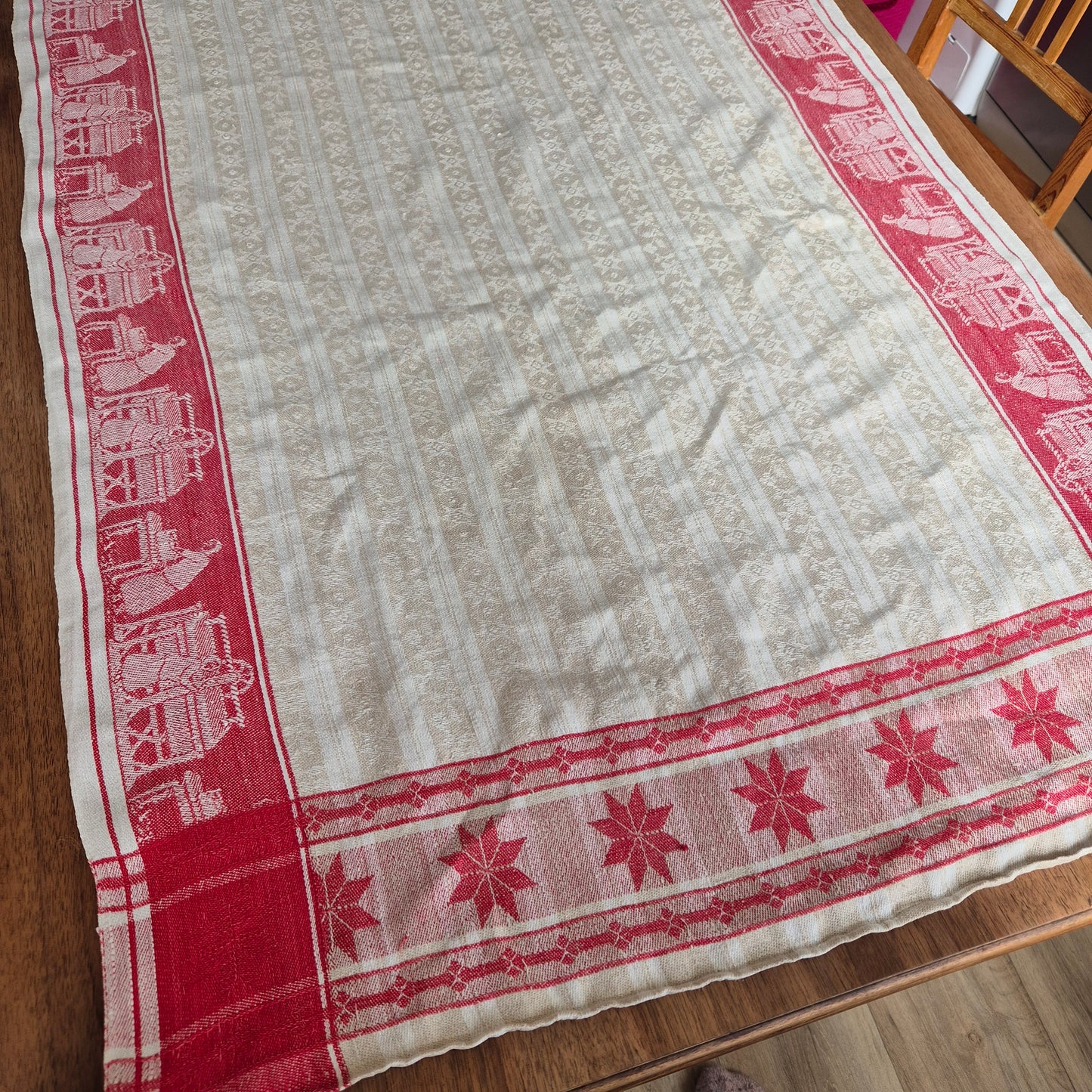Antikes Rolltuch Mangeltuch Rot Creme Leinentuch Tischdecke Wäsche mit Monogramm 🤍