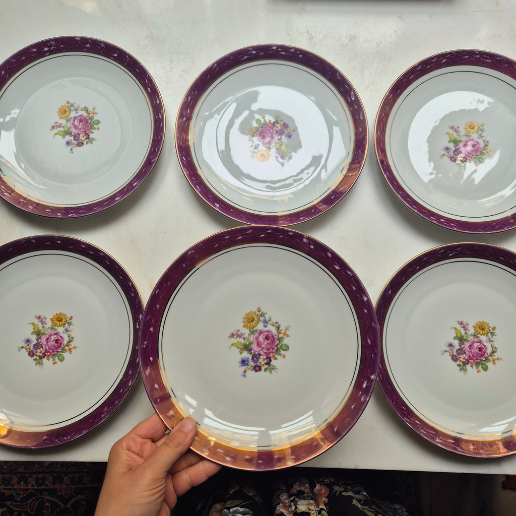 6x Antike flache Speiseteller Blumendekor weiß mit lila Goldrand