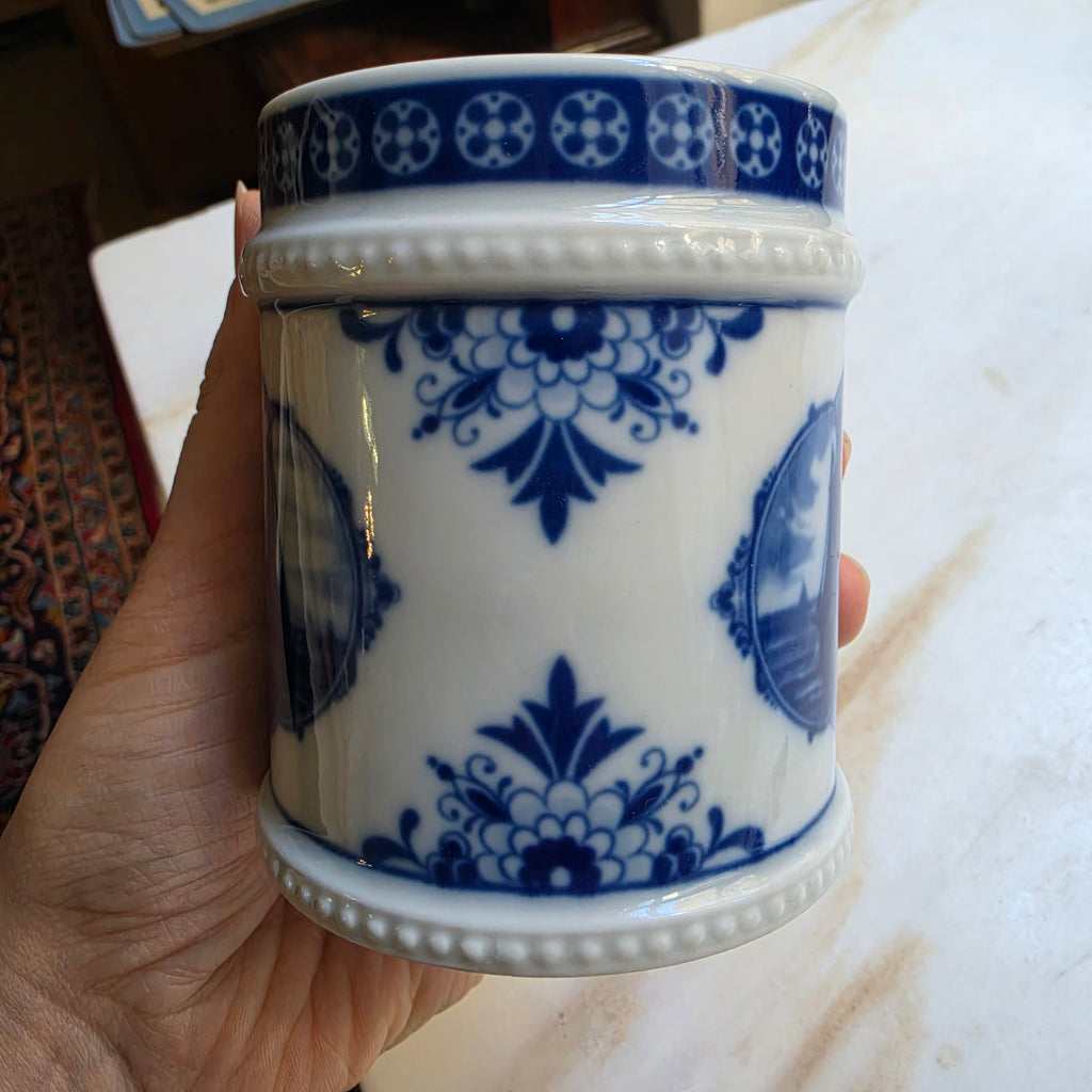 Alte Porzellan Deckeldose Echt Kobalt Fine China Lichte Schiffsmotiv Mühle Hafen