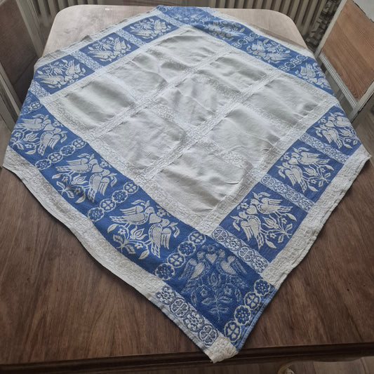 Antikes Jugendstil blau weißes Leinen Tuch Tischdecke Tauben Liebe 93x93cm