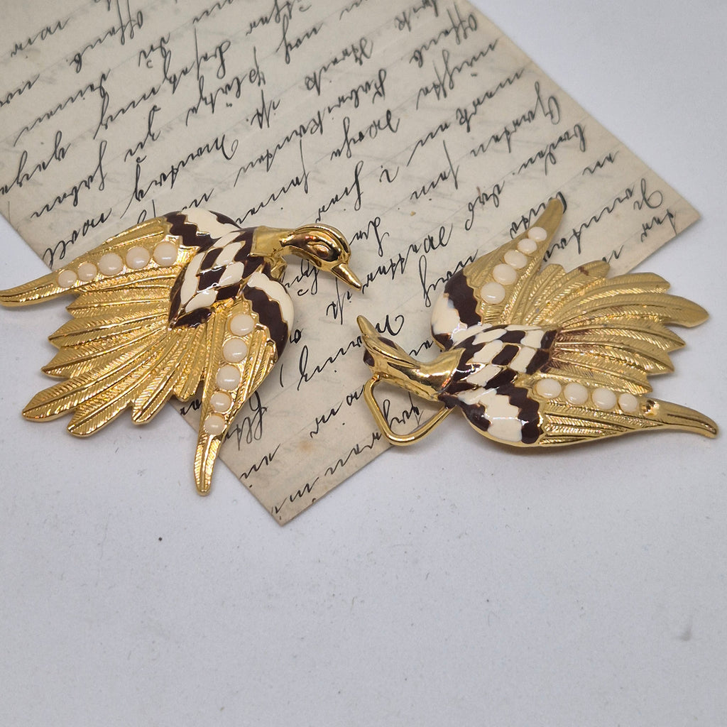 Vintage Gürtelschnalle 2-Teilig Trachtenschnalle Taillengürtel aus den 80ern-Handmade aus Berlin gold braun weiß Schwan Kranich Vogel
