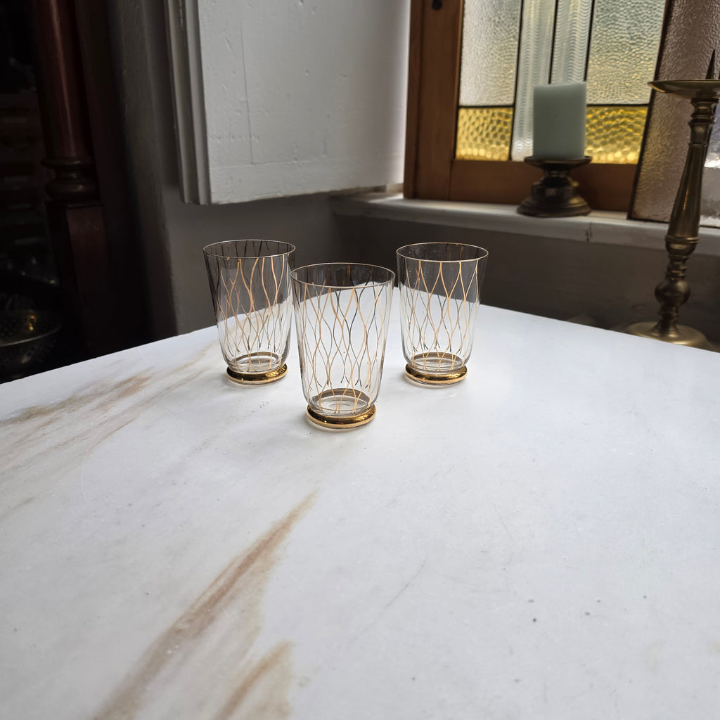 3x Vintage Mid-Century Wasser- & Longdrinkgläser mit Golddekor
