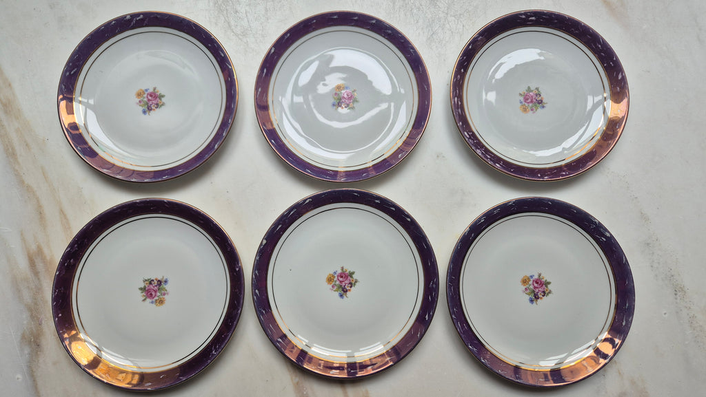 6x Antike Kuchenteller Blumendekor weiß mit lila Goldrand