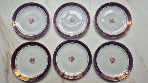6x Antike Kuchenteller Blumendekor weiß mit lila Goldrand