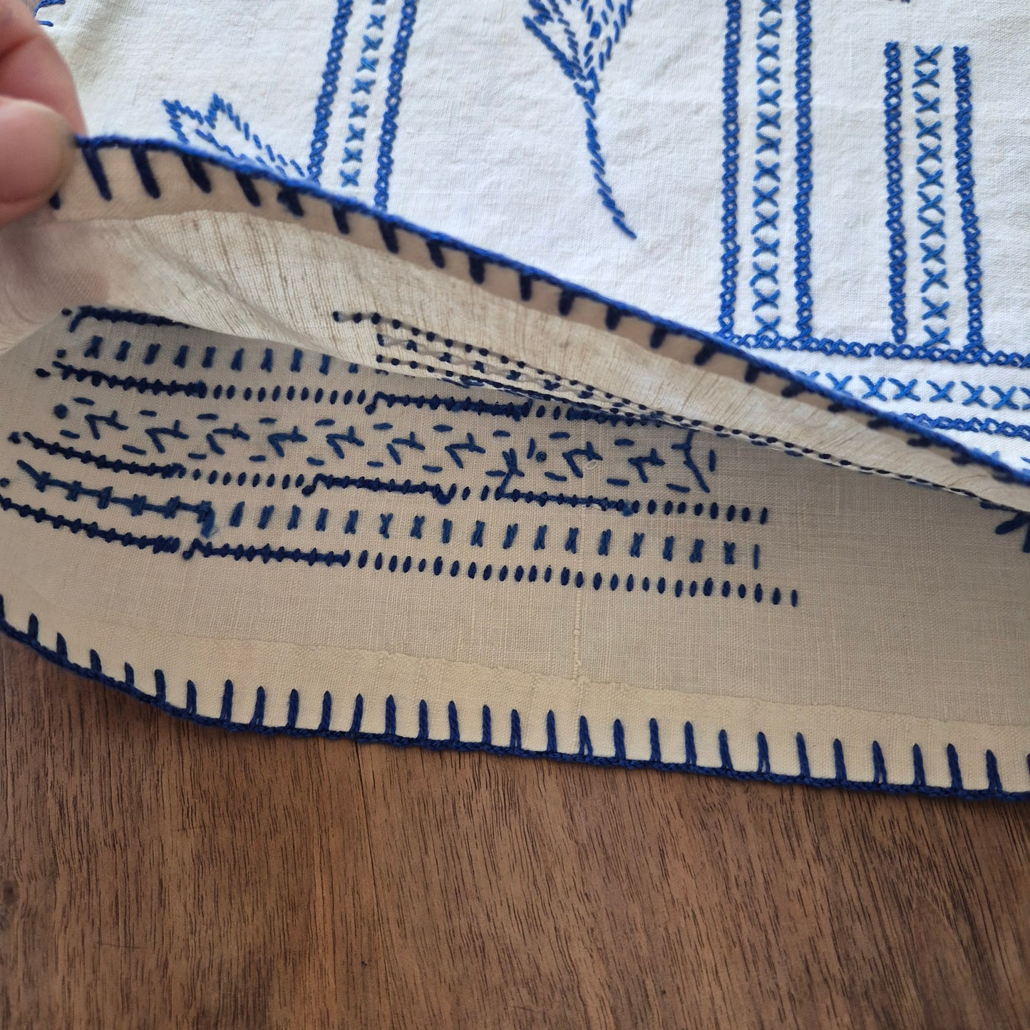 Antike handgemachte Vintage Teehaube Baumwolle/Leinen blau weiß 35x35cm Mini Stockflecken