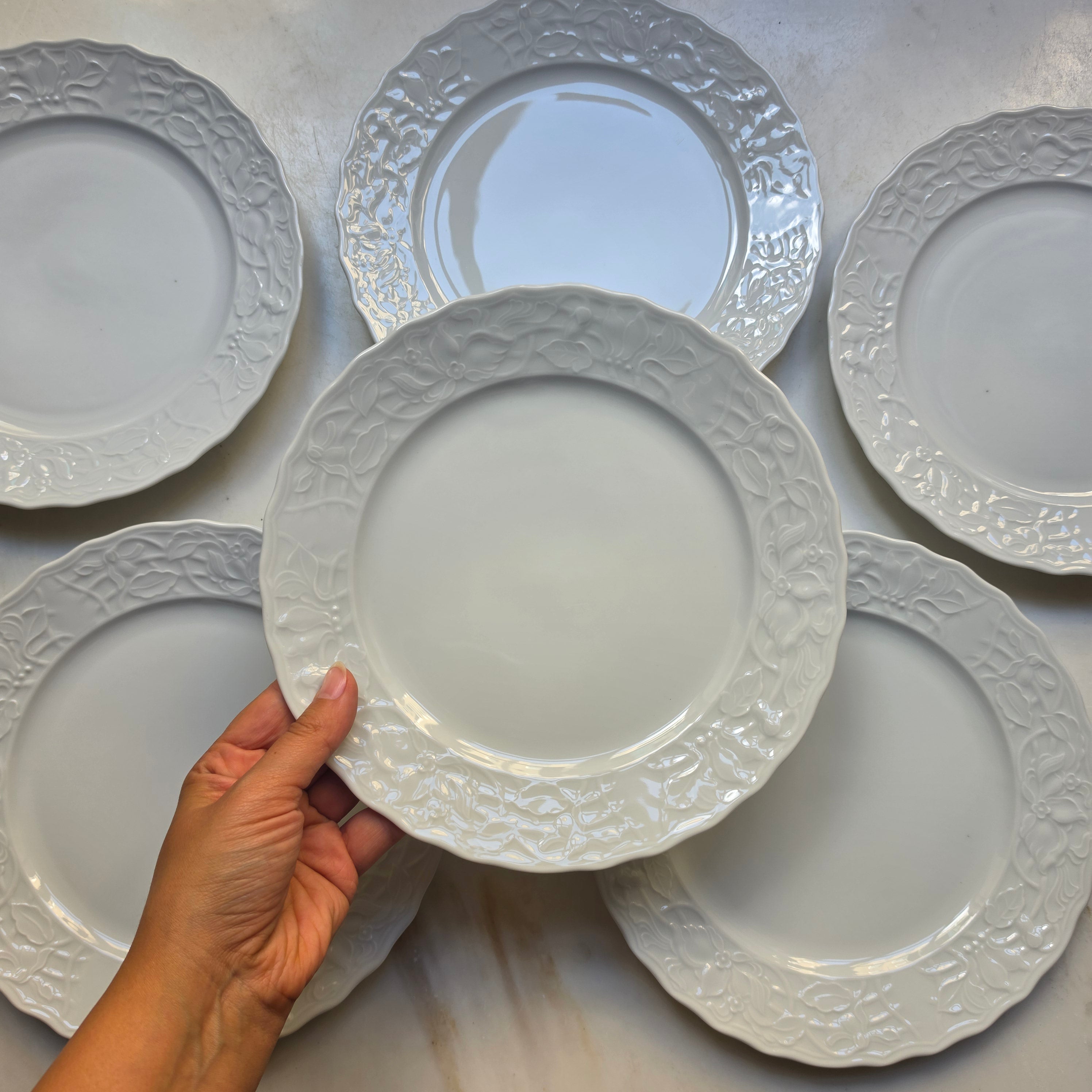 Vintage Mitterteich Bavaria Teller 6er Set - Weißes Porzellan mit Floralem Relief