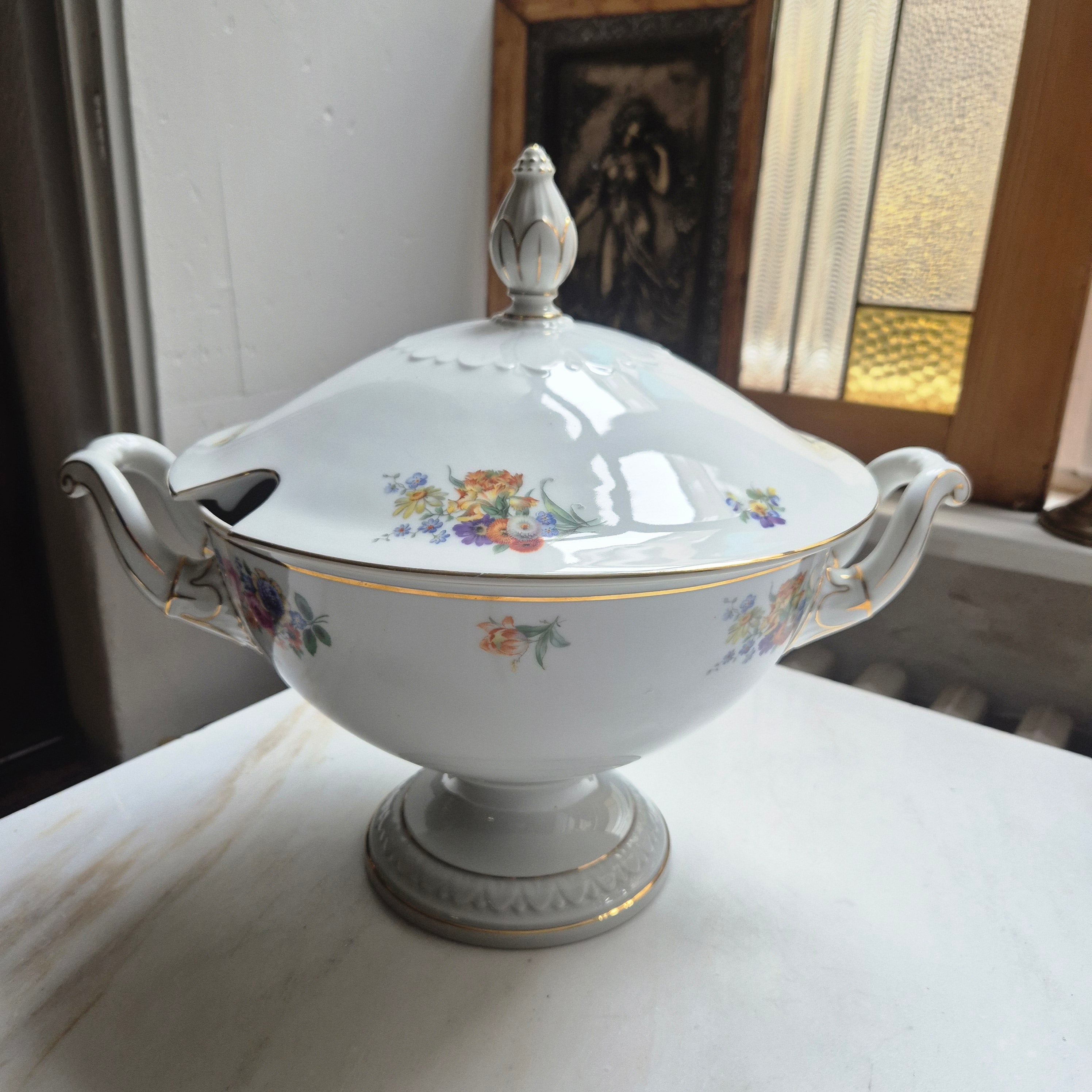 Antike große Rosenthal Empire Terrine Suppenterrine Schüssel mit Deckel Blumenmalerei Porzellan