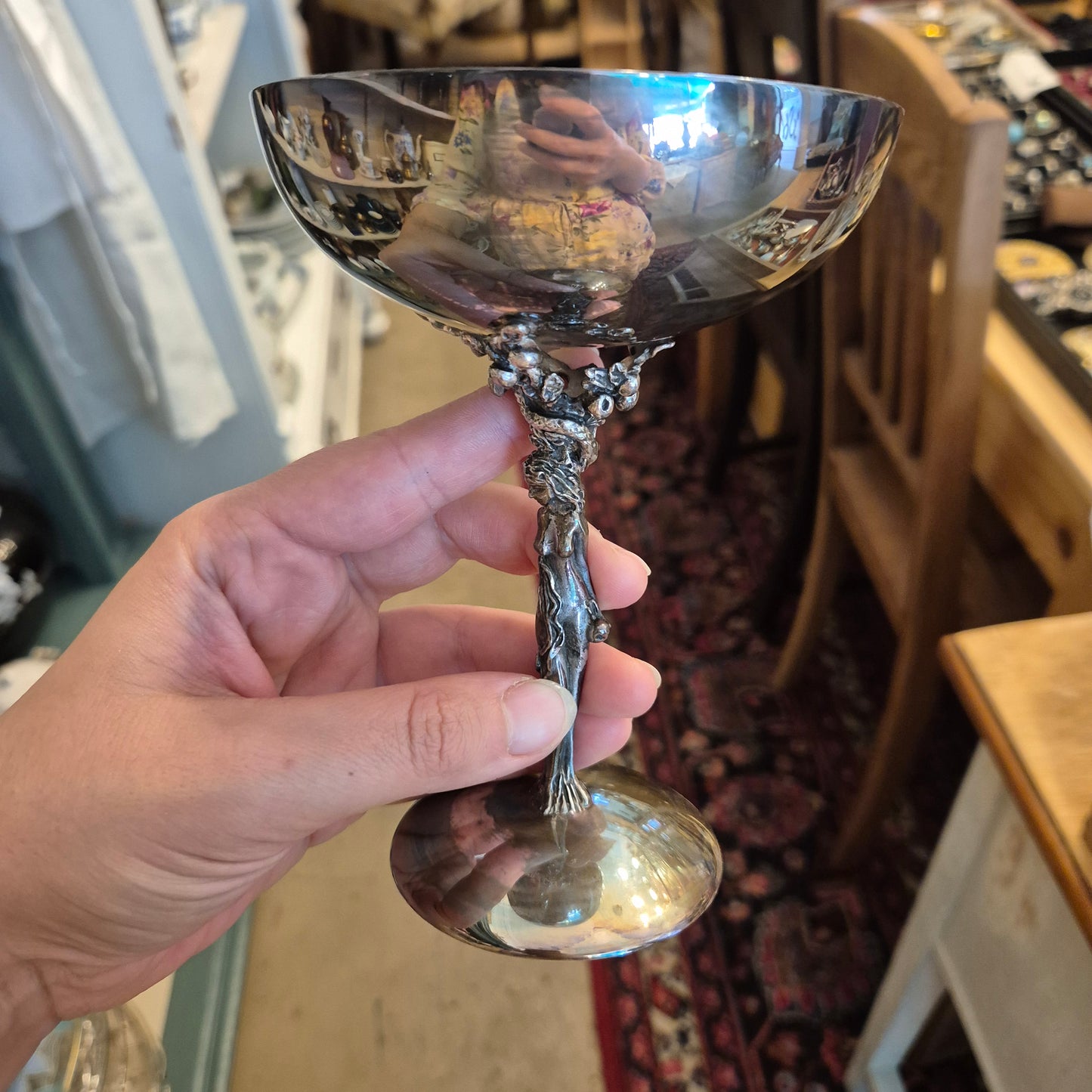 6x Dekorative Jugendstil Champagner Metallkelche versilbert - zum aufpolieren! "Eva mit Apfelbaum"