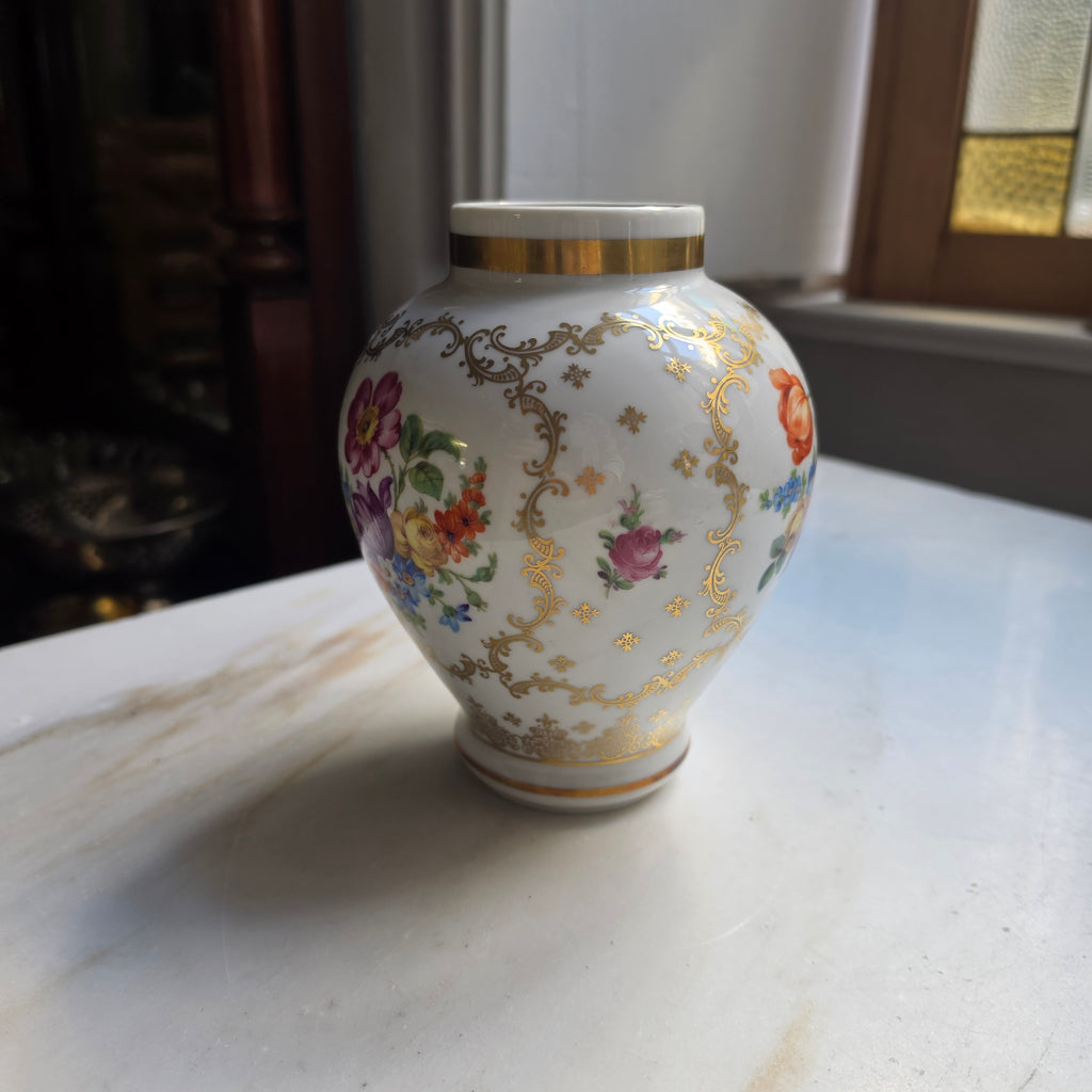 Edle Vintage Kugelvase aus Porzellan – Schumann Bavaria Filigranes Golddekor & Blumenbouquet