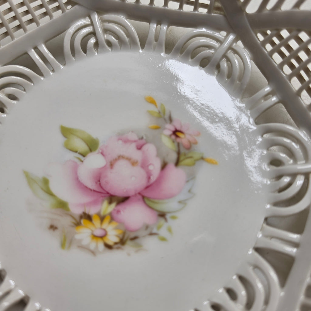 Vintage Porzellan Durchbruchschale – Porfin Cluj-Napoca Körbchen mit Blumendekor & Silberrand